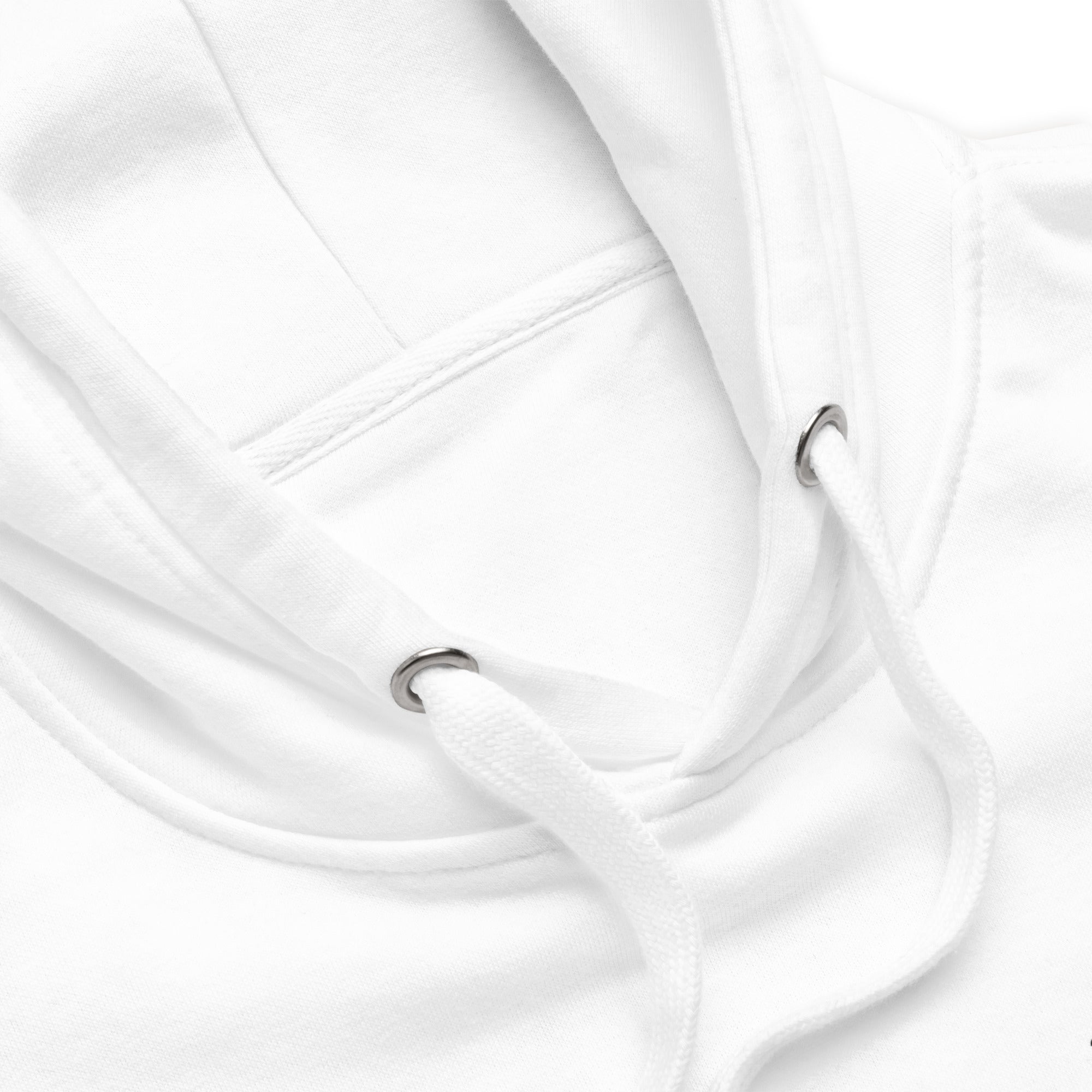 Close-up White Hoodie: Drawstrings and Hood, Comfortable Unisex Design.