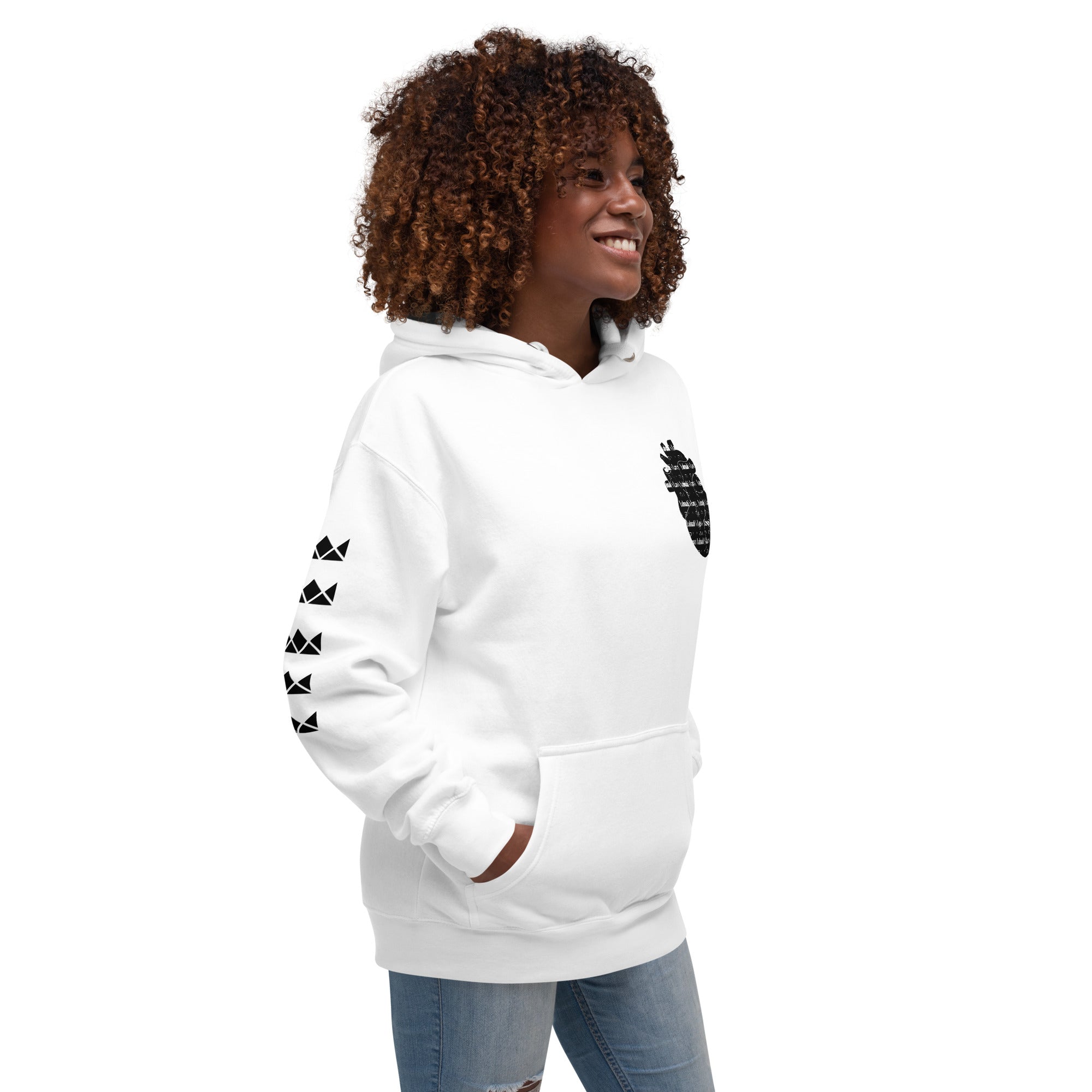 Woman in "Yahuah's Laws" Hoodie - Main Street Collective. White hoodie with script on sleeve and chest emblem.