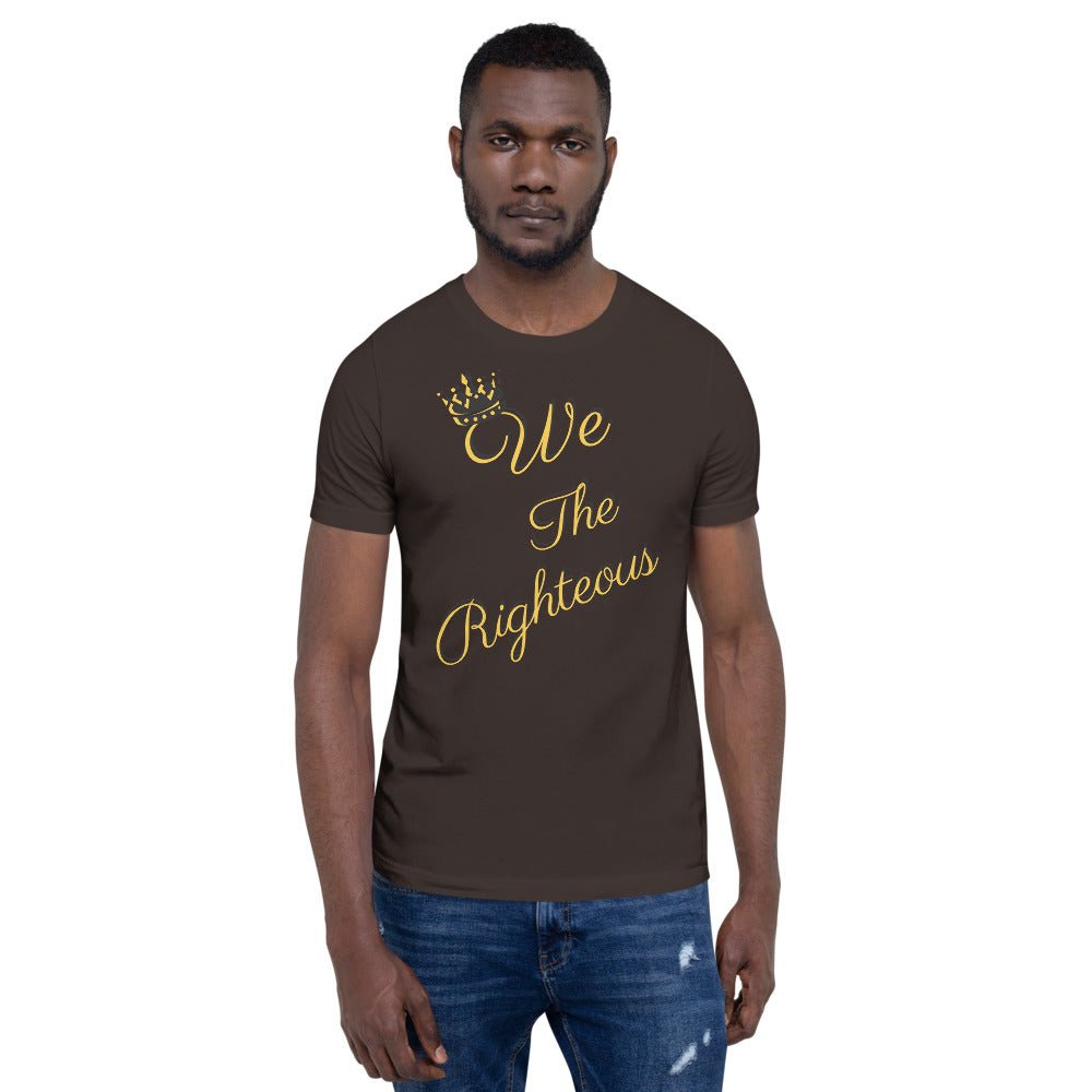 Man wearing We The Righteous unisex t-shirt with crown graphic. Apparel, righteous clothing.