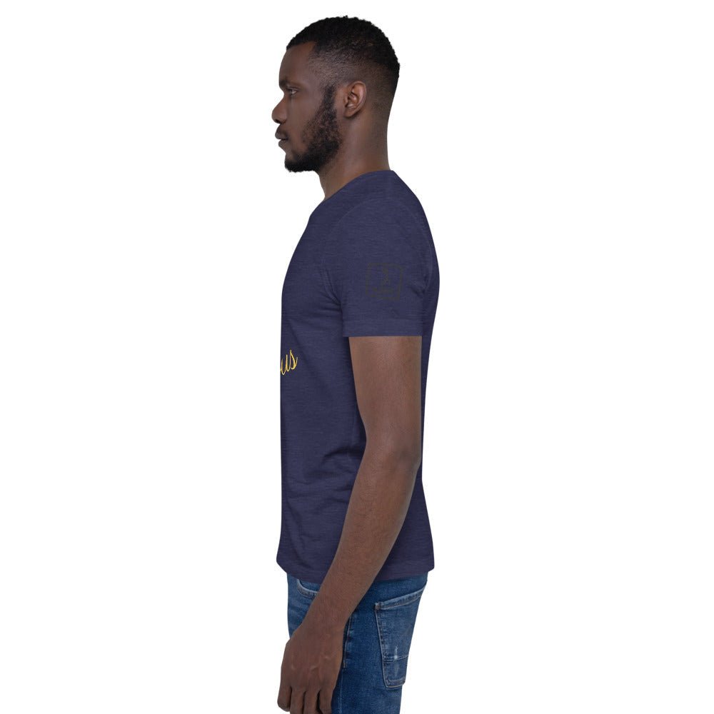 Man wearing a navy "We The Righteous" unisex t-shirt, side view. Main Street Collective apparel.
