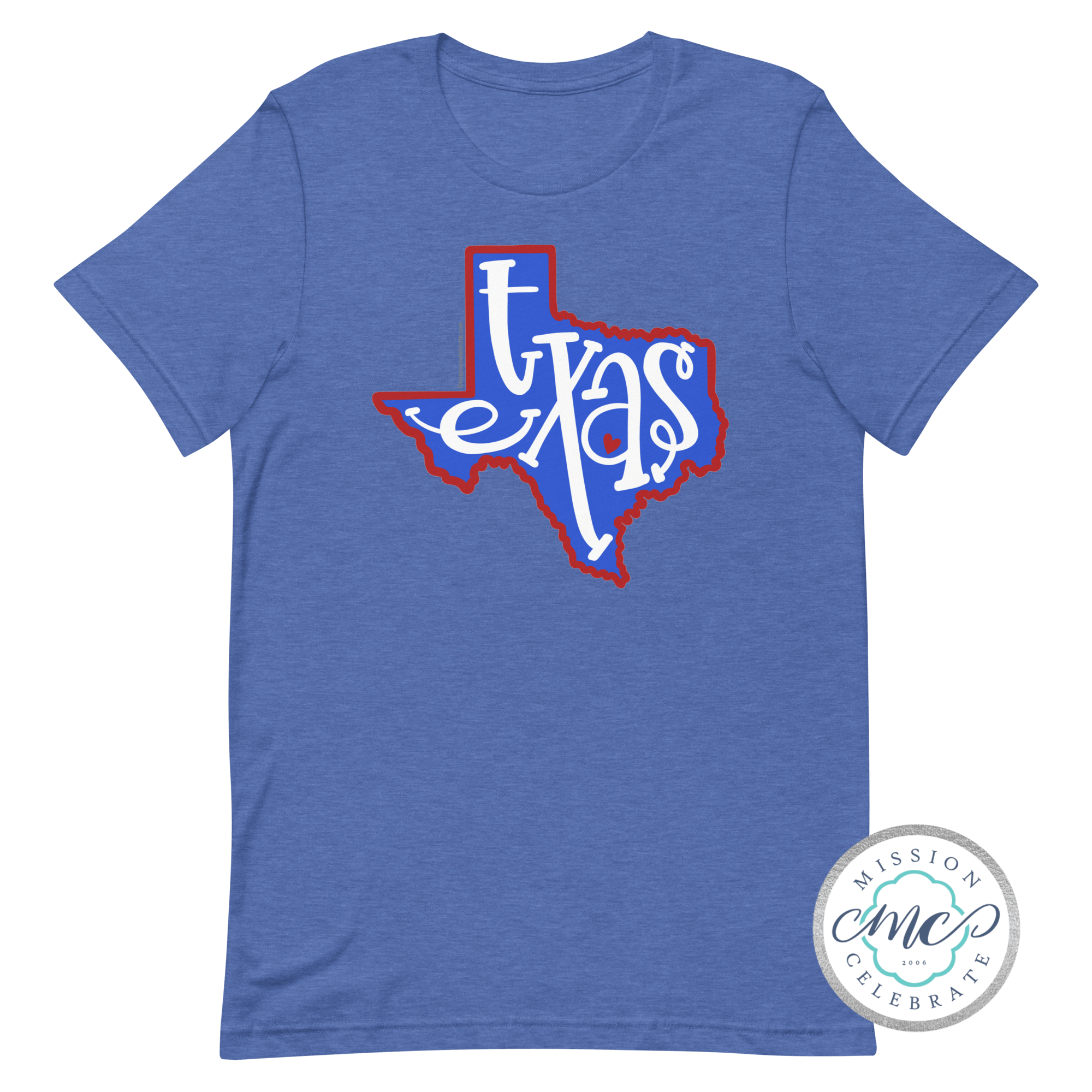 Texas T-shirt with bouncy letters, hand-lettered art, red, white, and blue design by Main Street Collective. Quirky Texas apparel.
