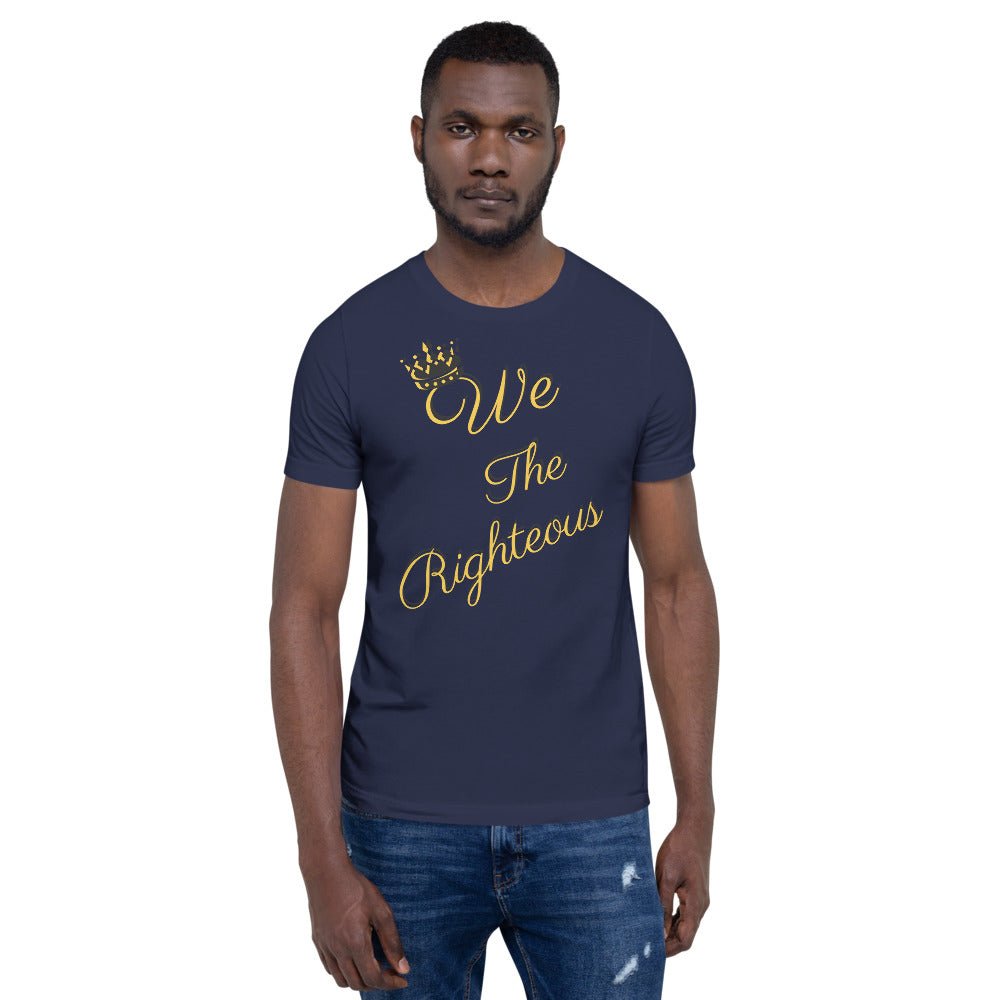 Man in navy blue 'We The Righteous' T-shirt with gold crown graphic. Unisex short sleeve tee.