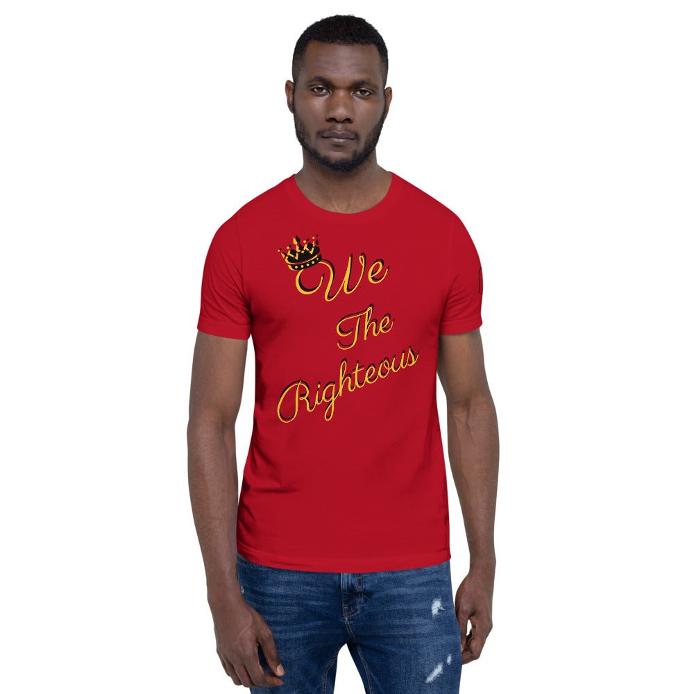 Man Wearing Red "We The Righteous" T-Shirt with Crown Graphic. Stylish Unisex Tee.