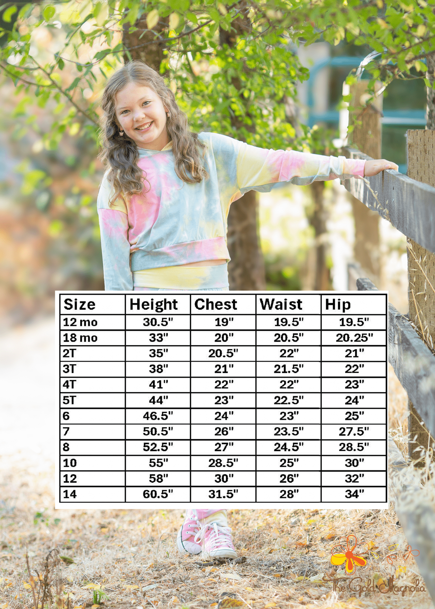 Girl in Tie Dye Outfit Size Chart: Sizes 12mo-14. Child's Fashion, Height, Chest, Waist, Hip Measurments. Perfect Fit for Kids