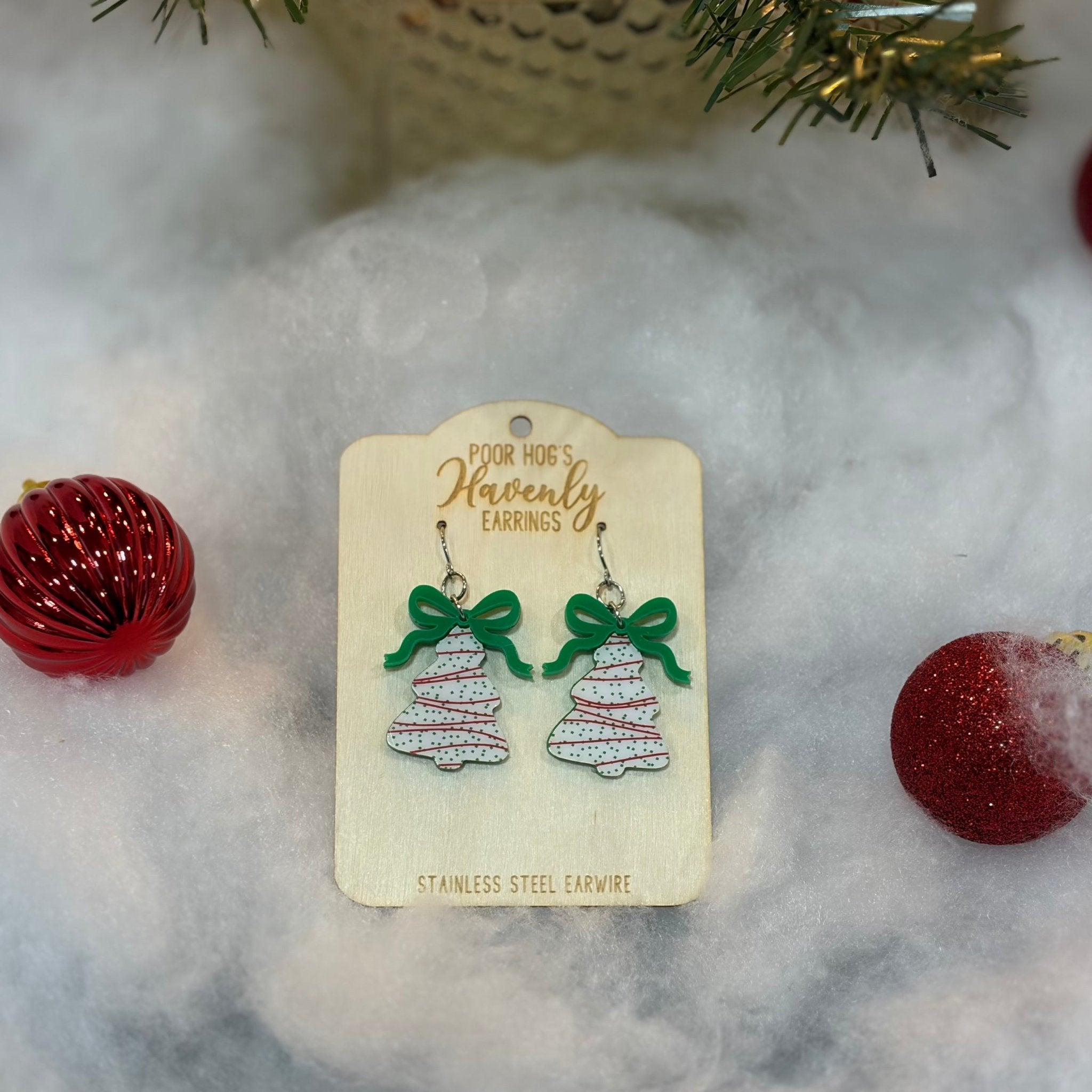 Christmas Tree Cake Earrings with Red Bows - Handmade Acrylic Holiday Jewelry by Poor Hog's Havenly Earrings