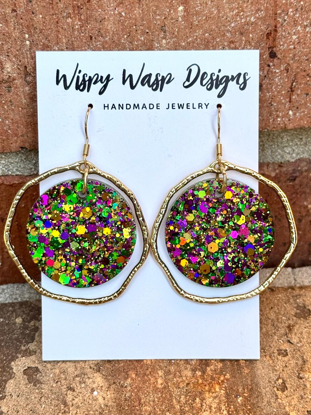 Gold and Glitter Mardi Gras Hoop Earrings– Lightweight, Hypoallergenic, Festive Style