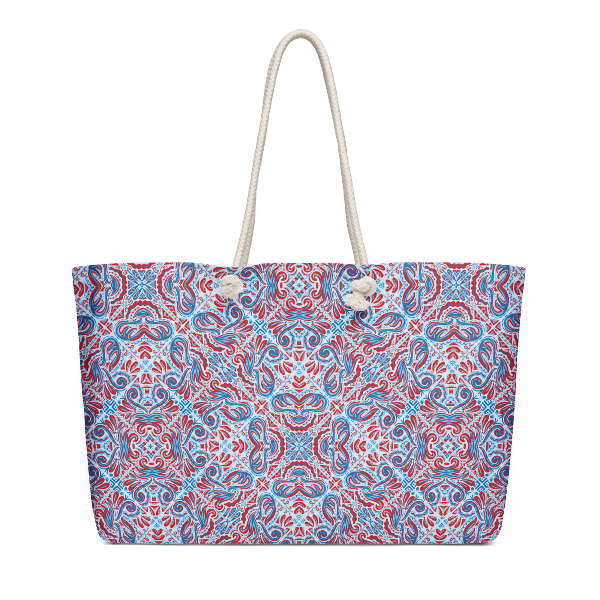 Jubilee Red & Blue Weekender Bag by Leslie Gonce: Oversized Tote with Rope Handles - Mississippi Artist Design
