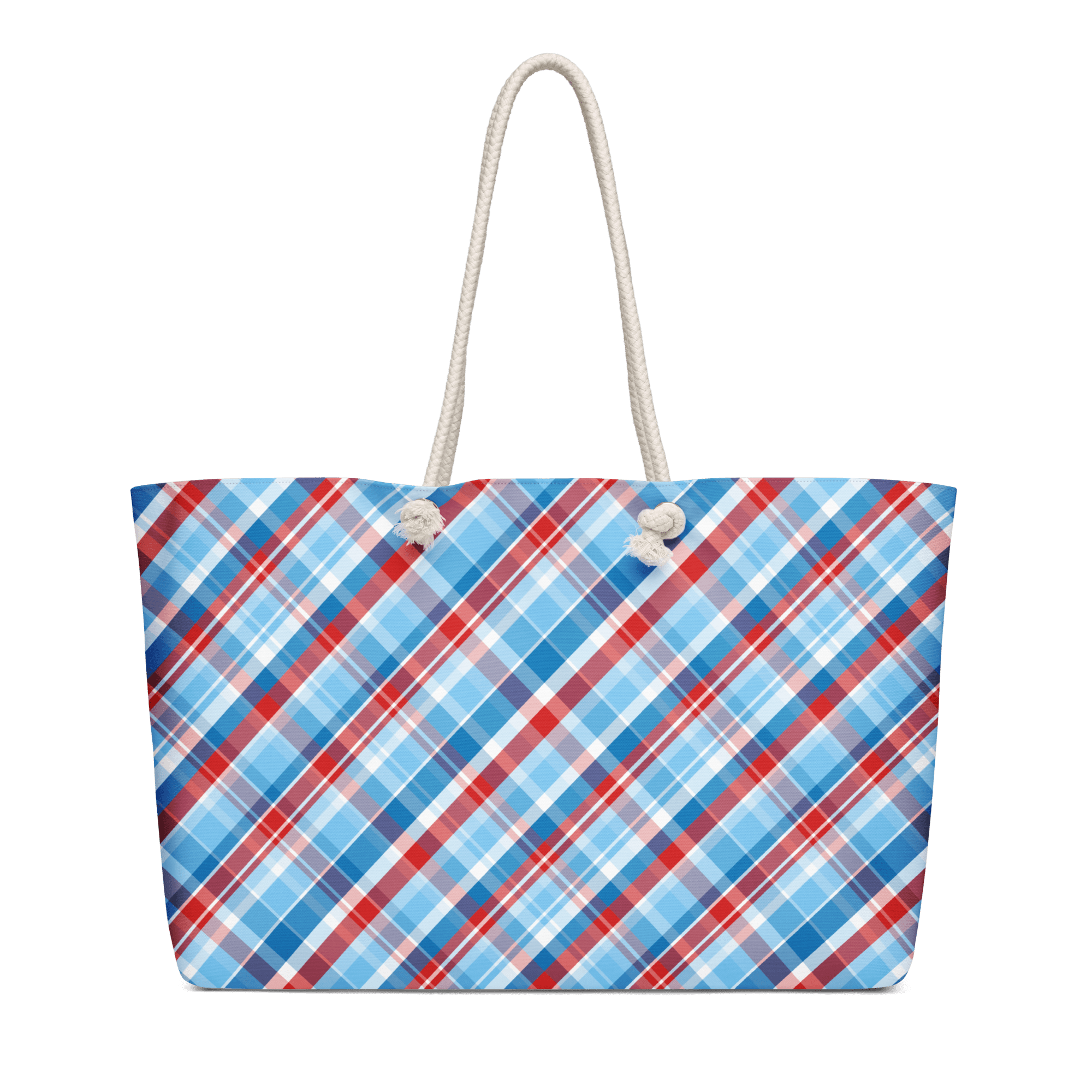 Plaid Jubilee Art in Reds & Blues Oversized Weekender Bag with Rope Handles - handdrawn art by Mississippi Artist, Leslie Gonce