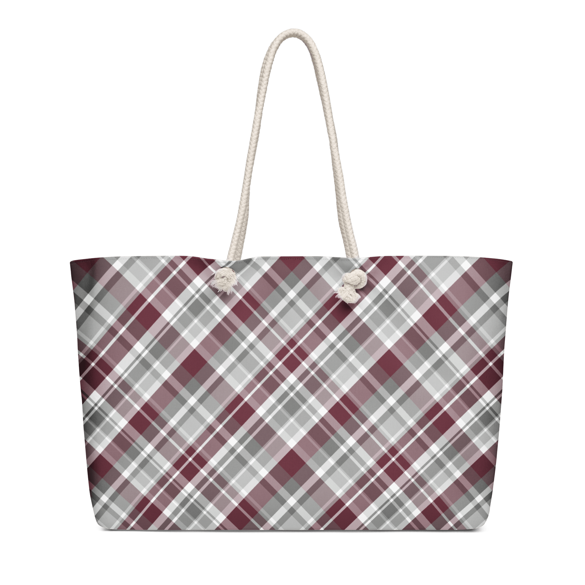 Plaid Weekender Bag: Maroon and Gray Oversized Tote with Rope Handles by Leslie Gonce - Main Street Collective