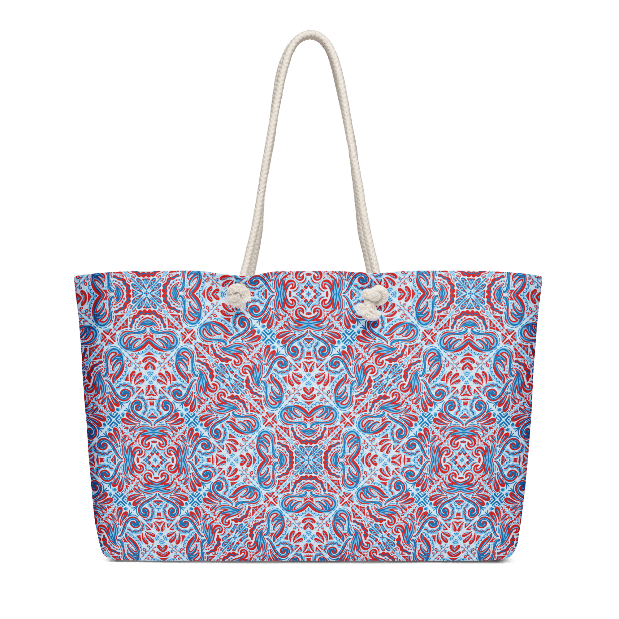 Red & Blue Art Bag by Leslie Gonce: Oversized Weekender with Rope Handles - Mississippi Artist Design
