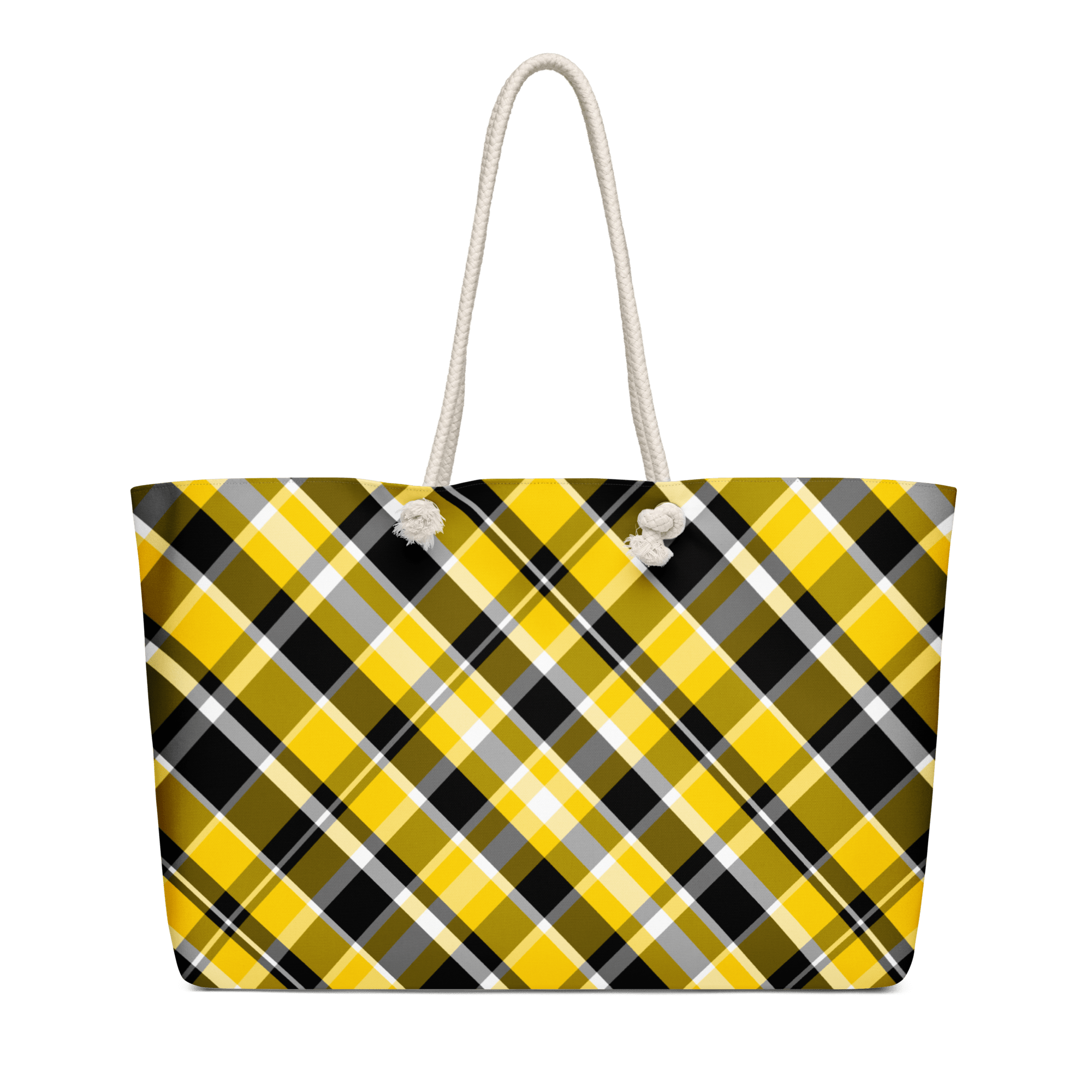Plaid Weekender Bag: Gold & Black Oversized Tote with Rope Handles, designed by Mississippi Artist Leslie Gonce. Ideal for Weekend Getaways!