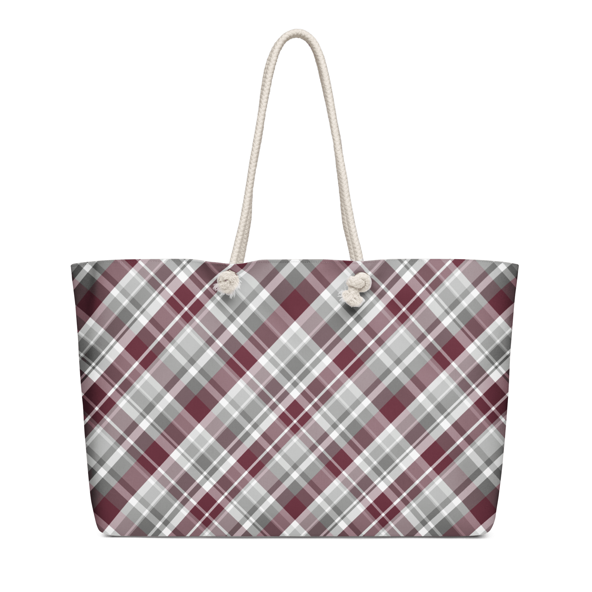 Plaid Jubilee Maroon & Gray Weekender Bag - Oversized Tote with Rope Handles - Leslie Gonce Art - Main Street Collective