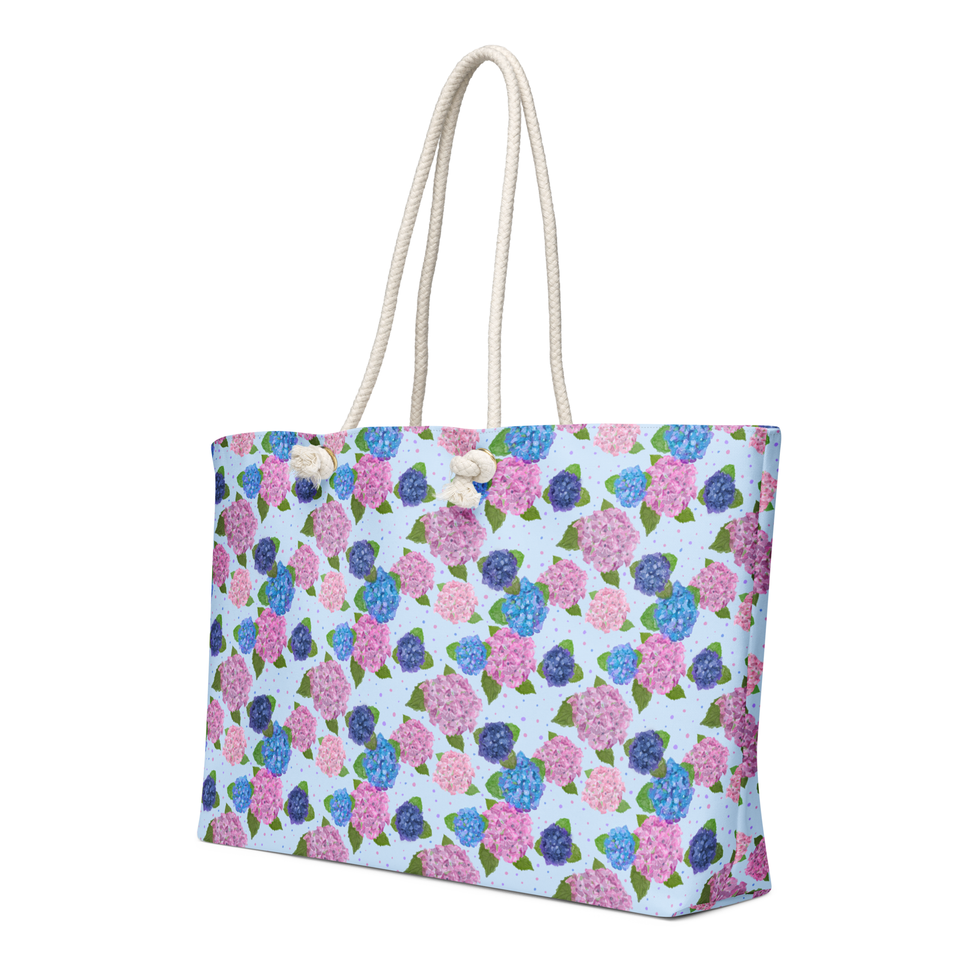 Happy Hydrangeas Watercolor Art Oversized Weekender Bag with Rope Handles - handdrawn art by Mississippi Artist, Leslie Gonce