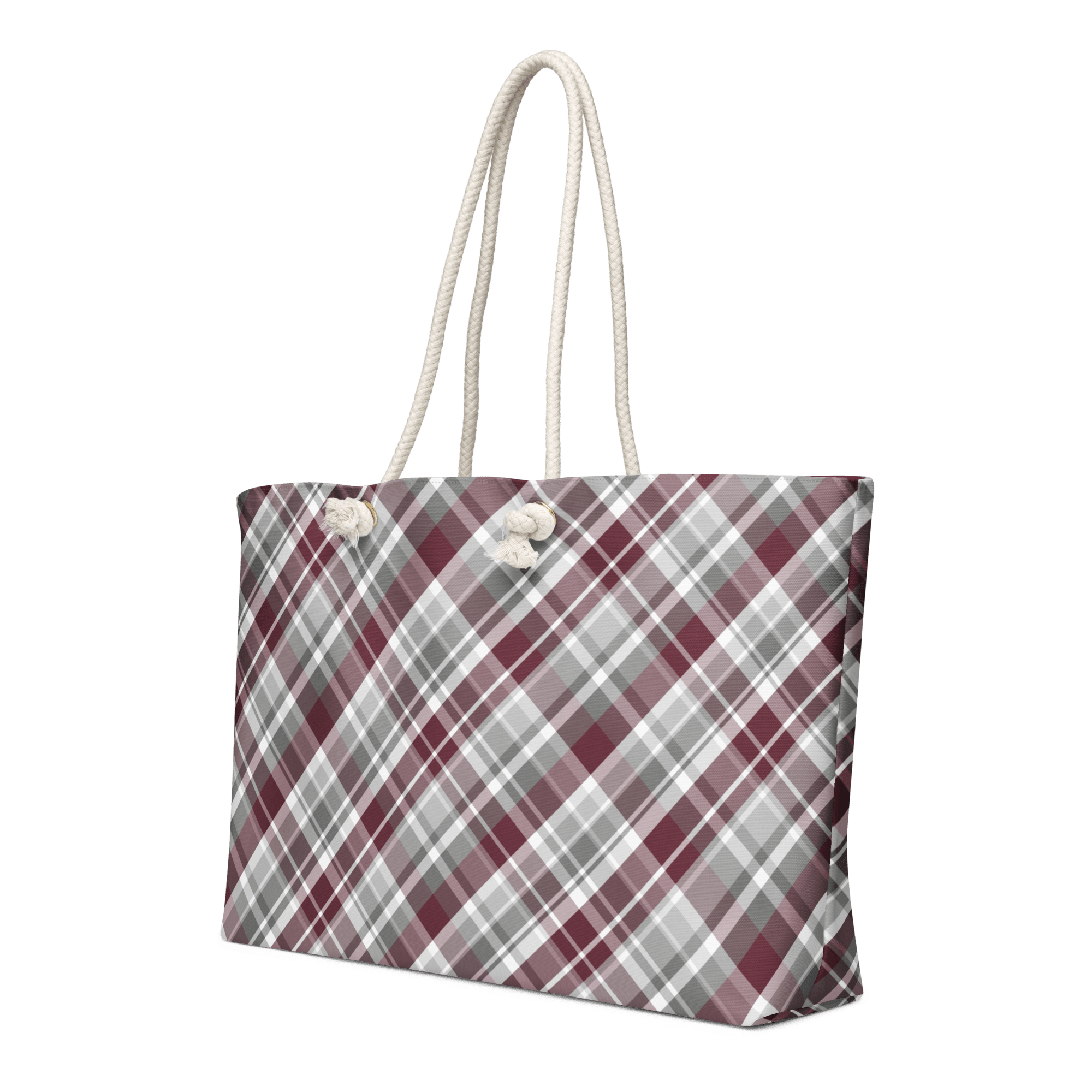 Plaid Weekender Bag: Maroon & Gray Tote with Rope Handles by Leslie Gonce - Main Street Collective
