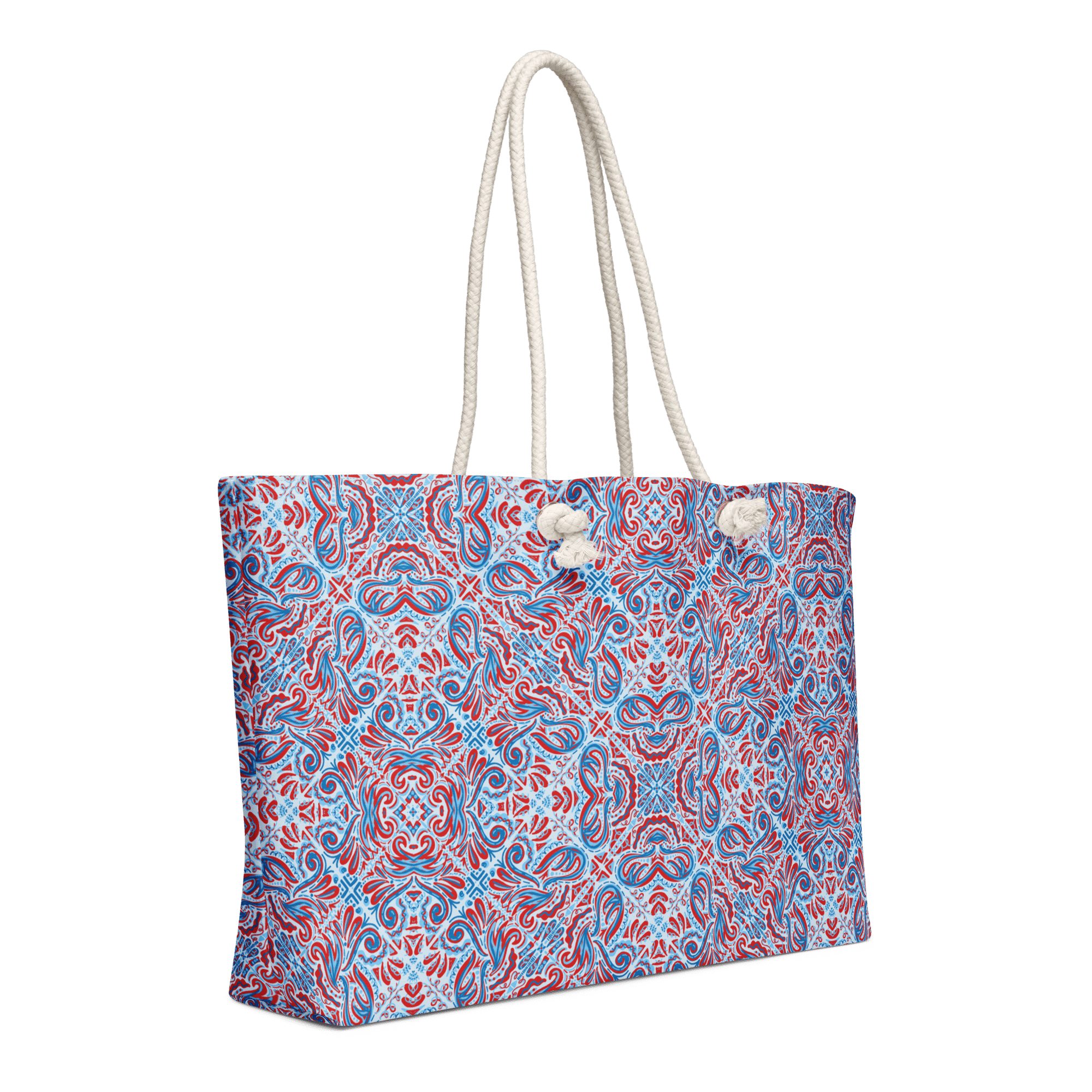 Jubilee Art Weekender Bag - Oversized Tote with Rope Handles. Red & Blue Design by Leslie Gonce. Main Street Collective.
