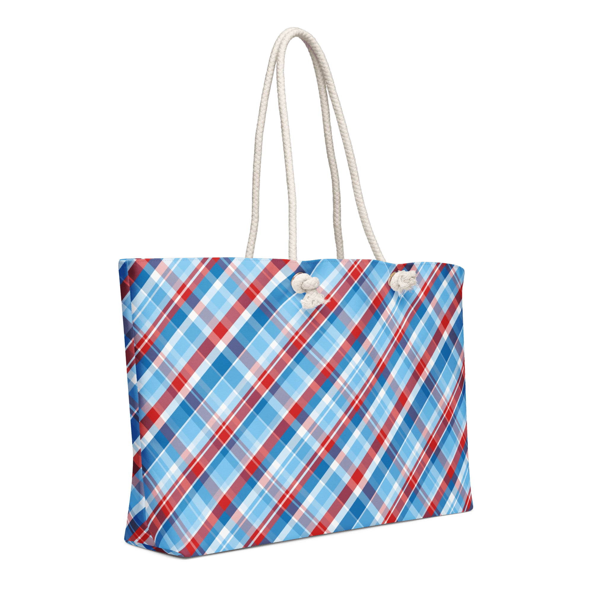 Plaid Jubilee Art in Reds & Blues Oversized Weekender Bag with Rope Handles - handdrawn art by Mississippi Artist, Leslie Gonce