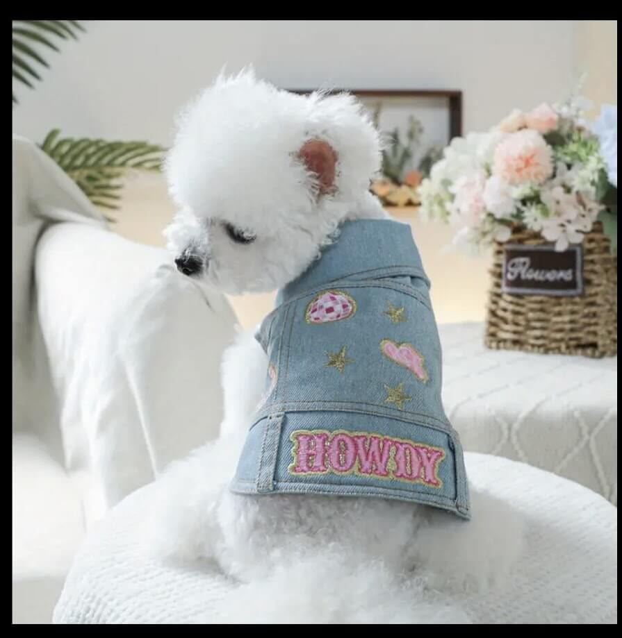 Western Howdy Denim Dog Jacket: Cute Puppy Outfit by Coastal Couture at Main Street Collective - Stylish Blue Jean Pet Apparel