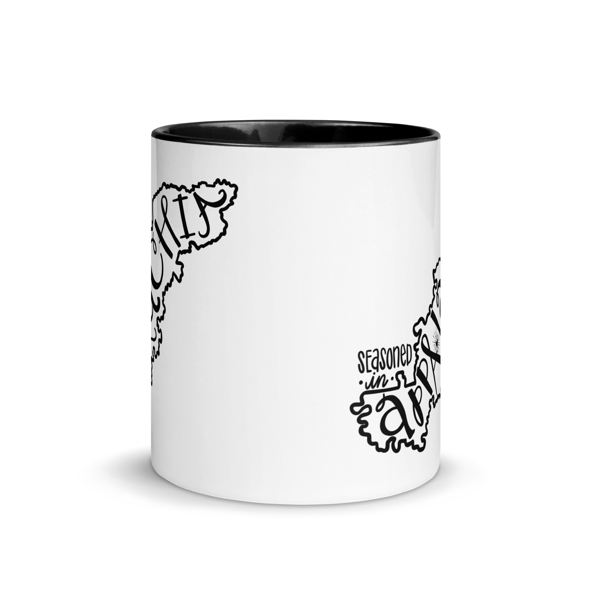 Two-Tone Mug: "Seasoned in AR" Design. Black Interior, Arkansas State Outline, Arkansas Pride Coffee Cup, Gift Idea.
