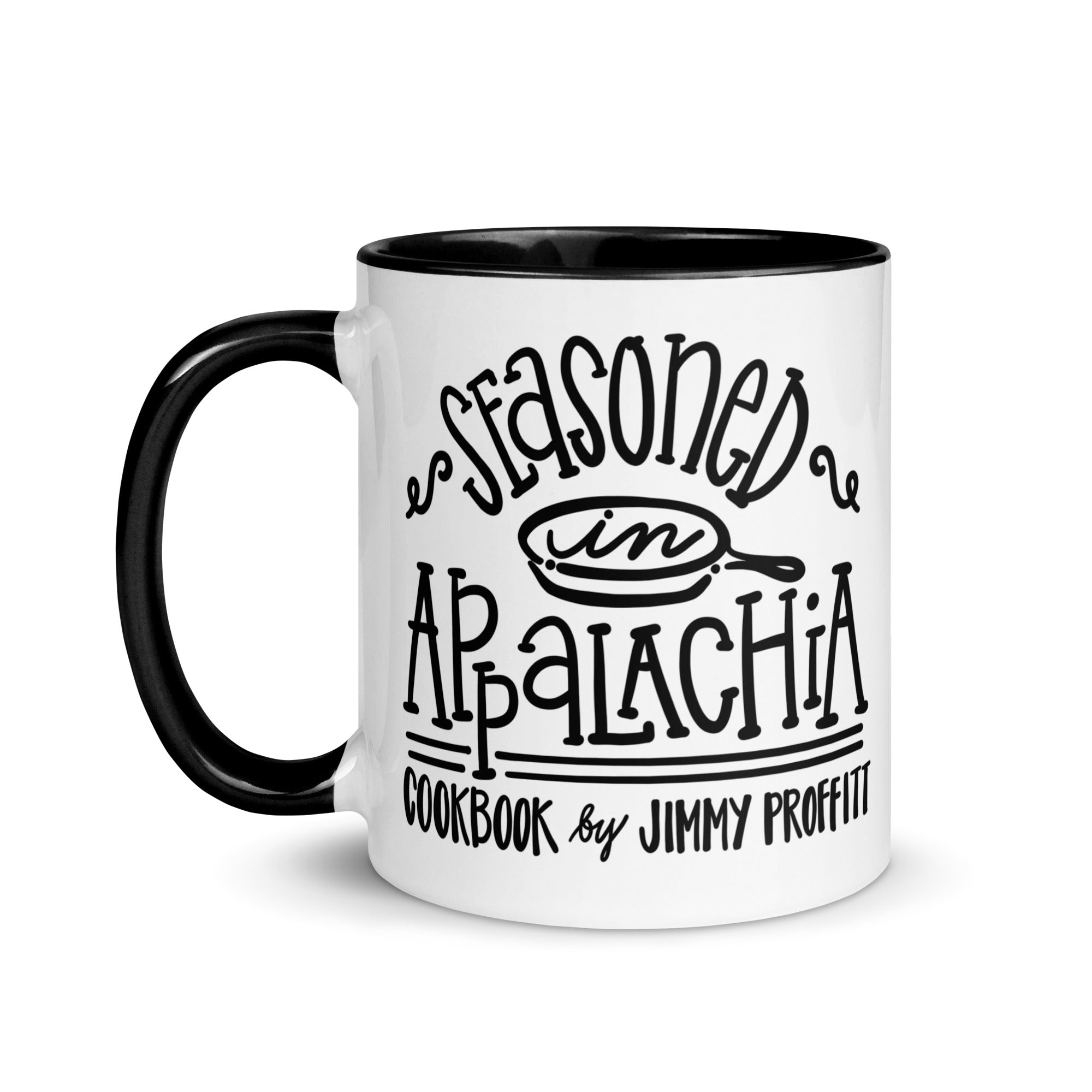 Two-tone mug with "Seasoned in Appalachia" design, Main Street Collective. Black handle and interior.