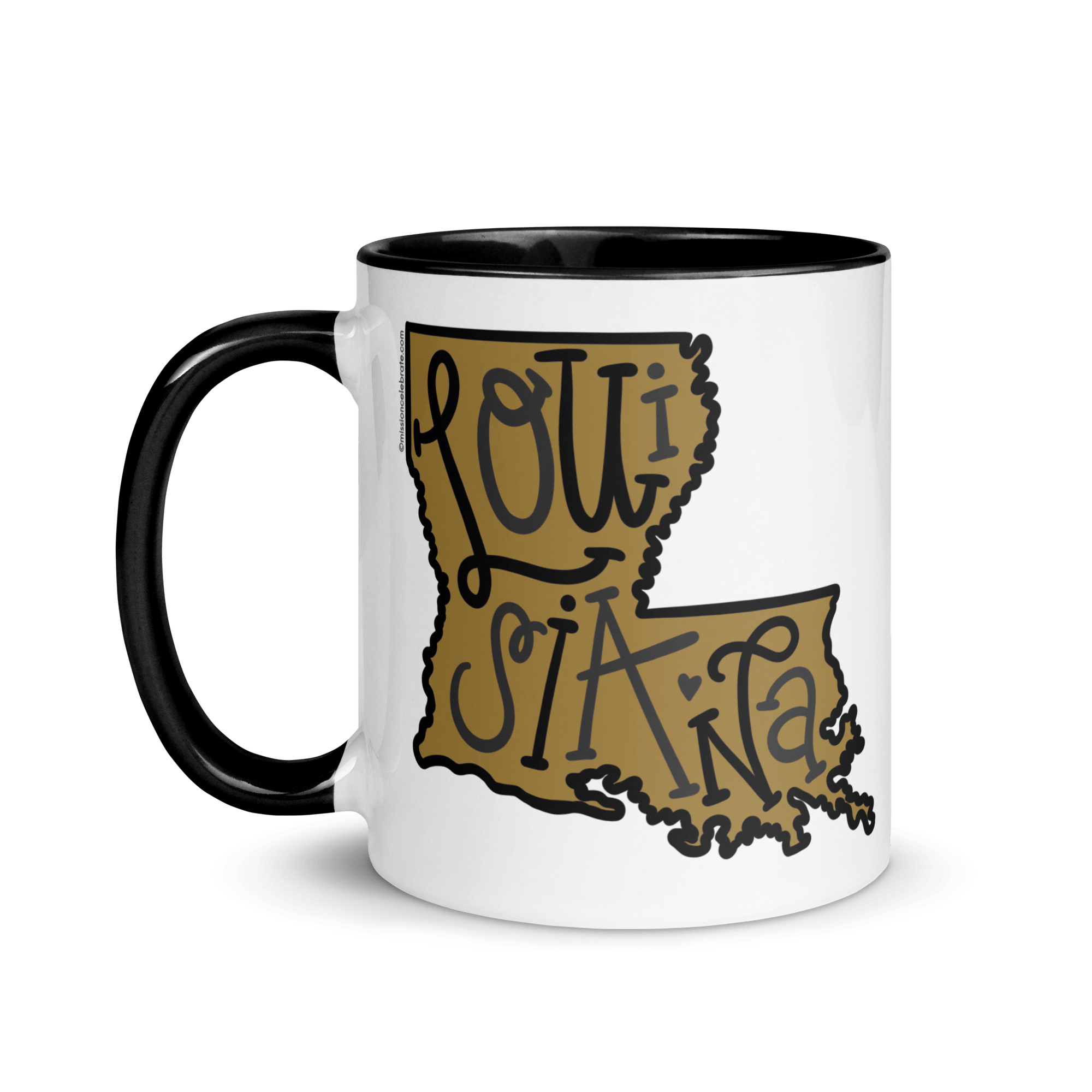 Louisiana State Mug: Black handle ceramic mug with hand-drawn lettered Louisiana art, a unique gift from Main Street Collective.