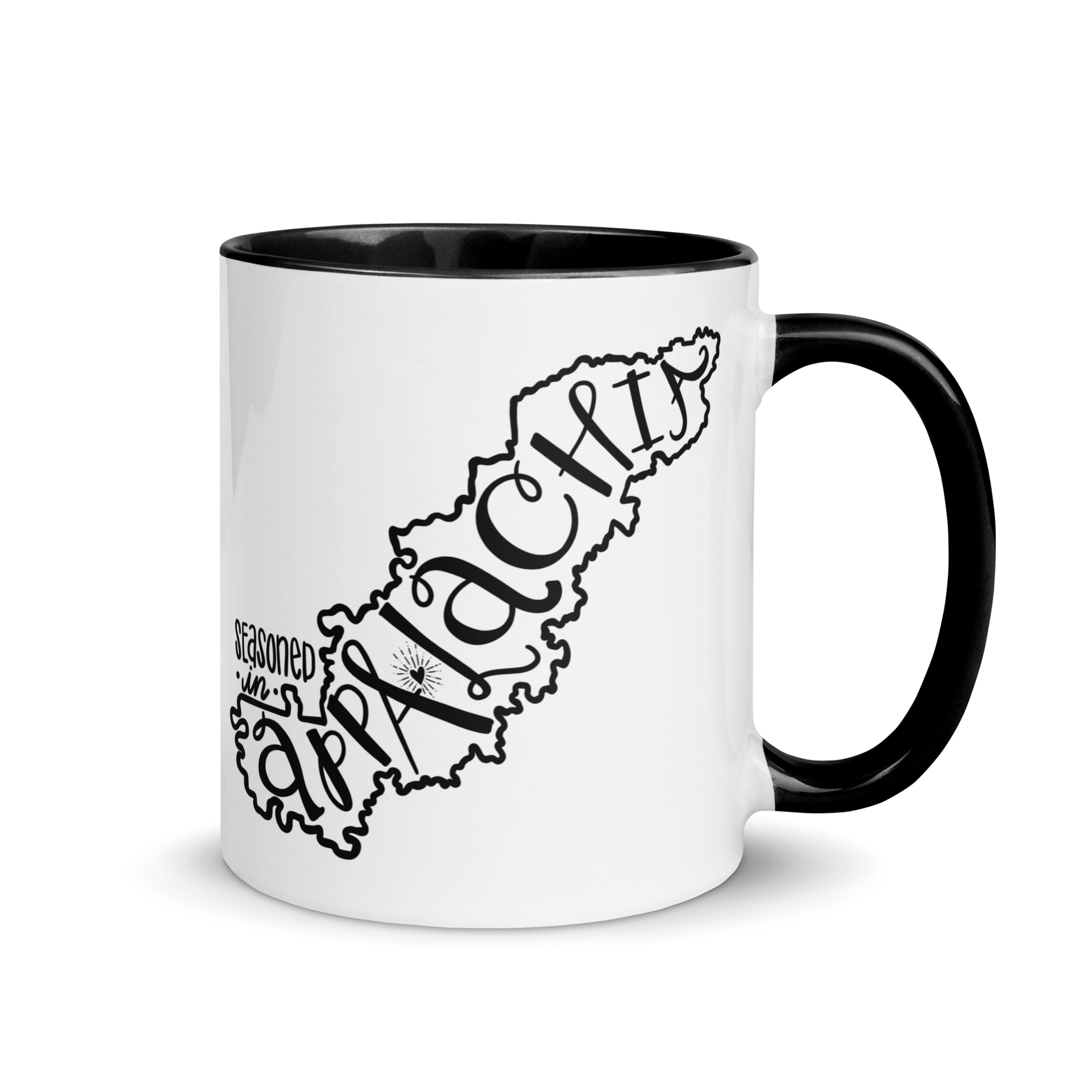 Appalachian pride mug. Black rim, handle and interior. "Seasoned in Appalachia" with outline of Appalachian Mountains. Main Street Collective