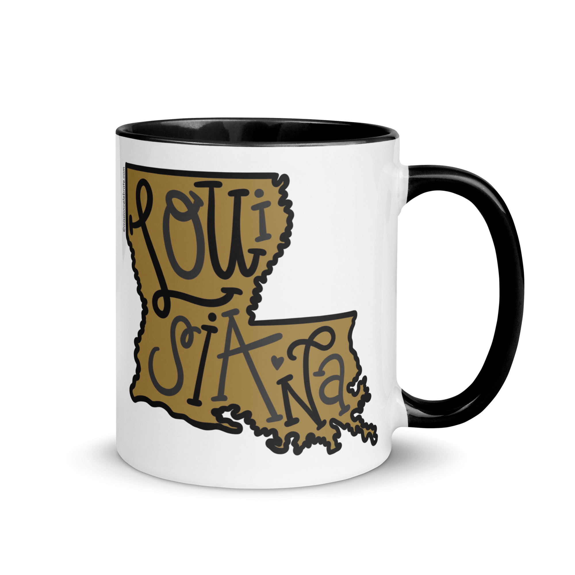 Louisiana State Mug: Hand-drawn map with "Louisiana" lettering art. Black handle and interior.