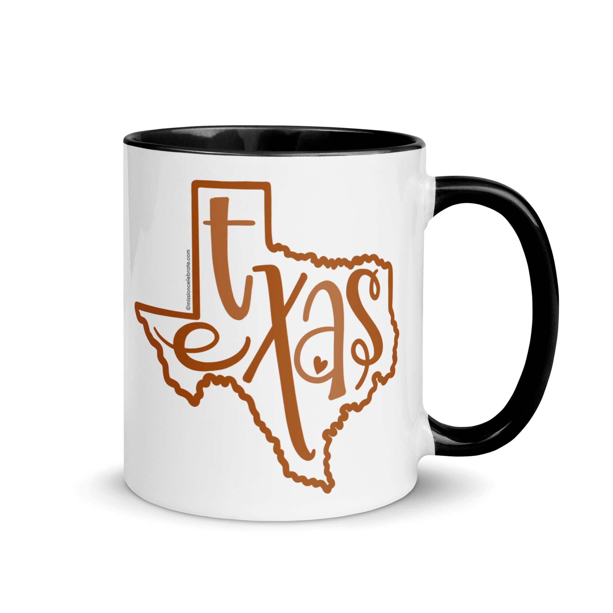 Texas Mug - Bouncy Letter Design, Burnt Orange State Outline, White Ceramic Mug with Black Handle & Interior, Cute Gift
