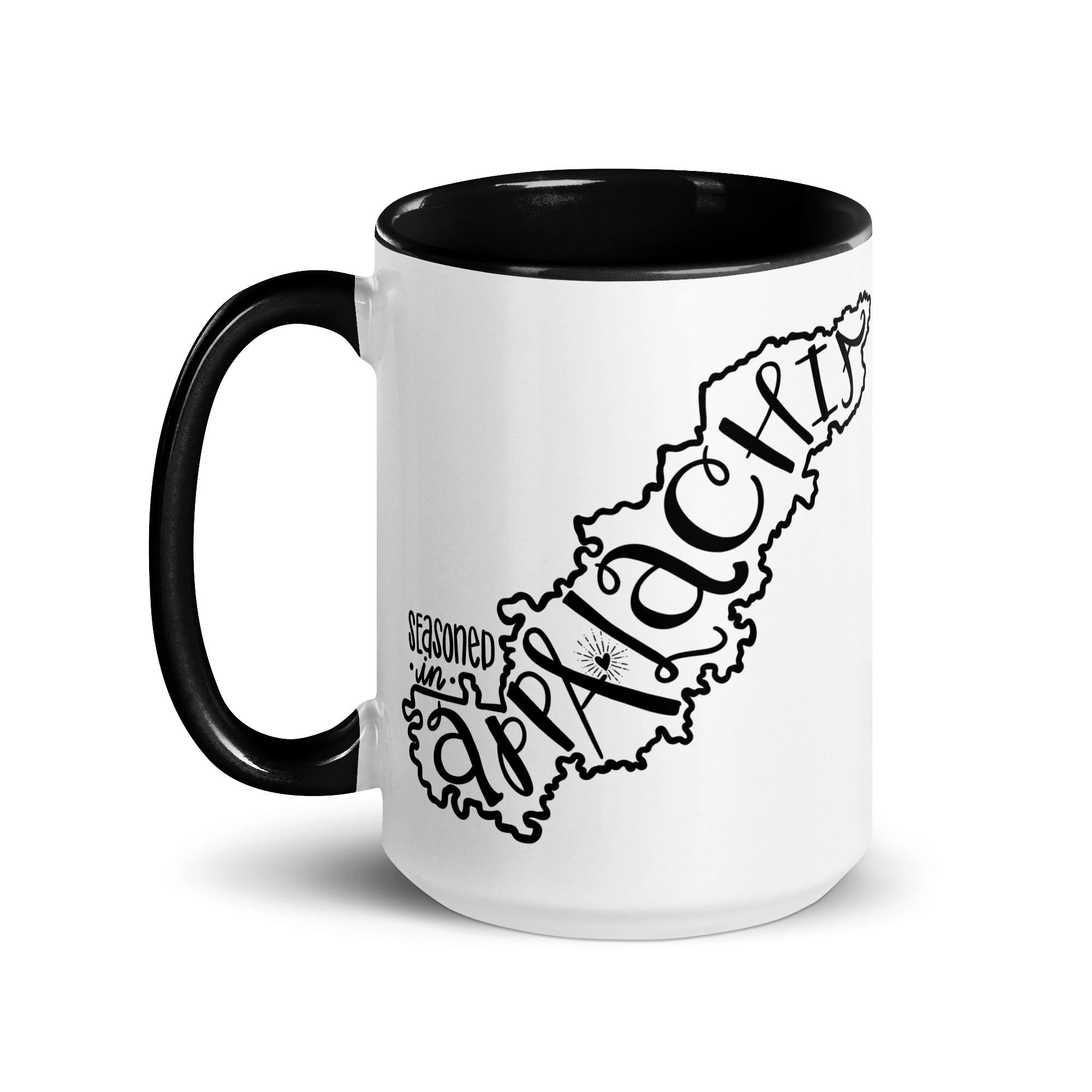 Appalachia Mug - White ceramic coffee mug with black interior and handle, featuring a map design filled with the word "Appalachia".