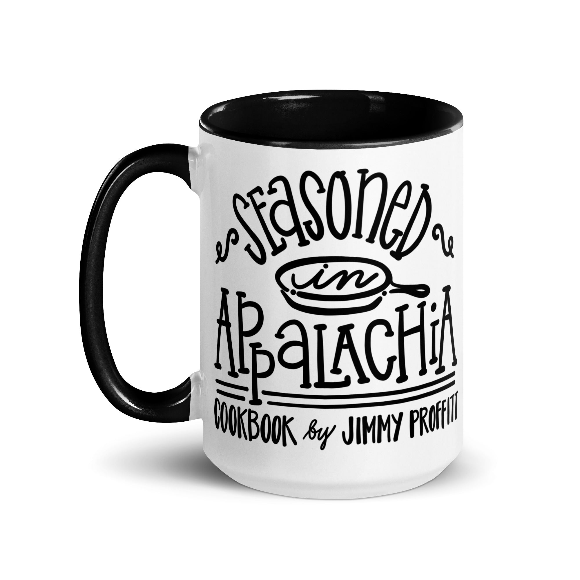 Seasoned in Appalachia Mug: Cookbook by Jimmy Proffitt, white mug with black handle and interior, Appalachian food and gift idea
