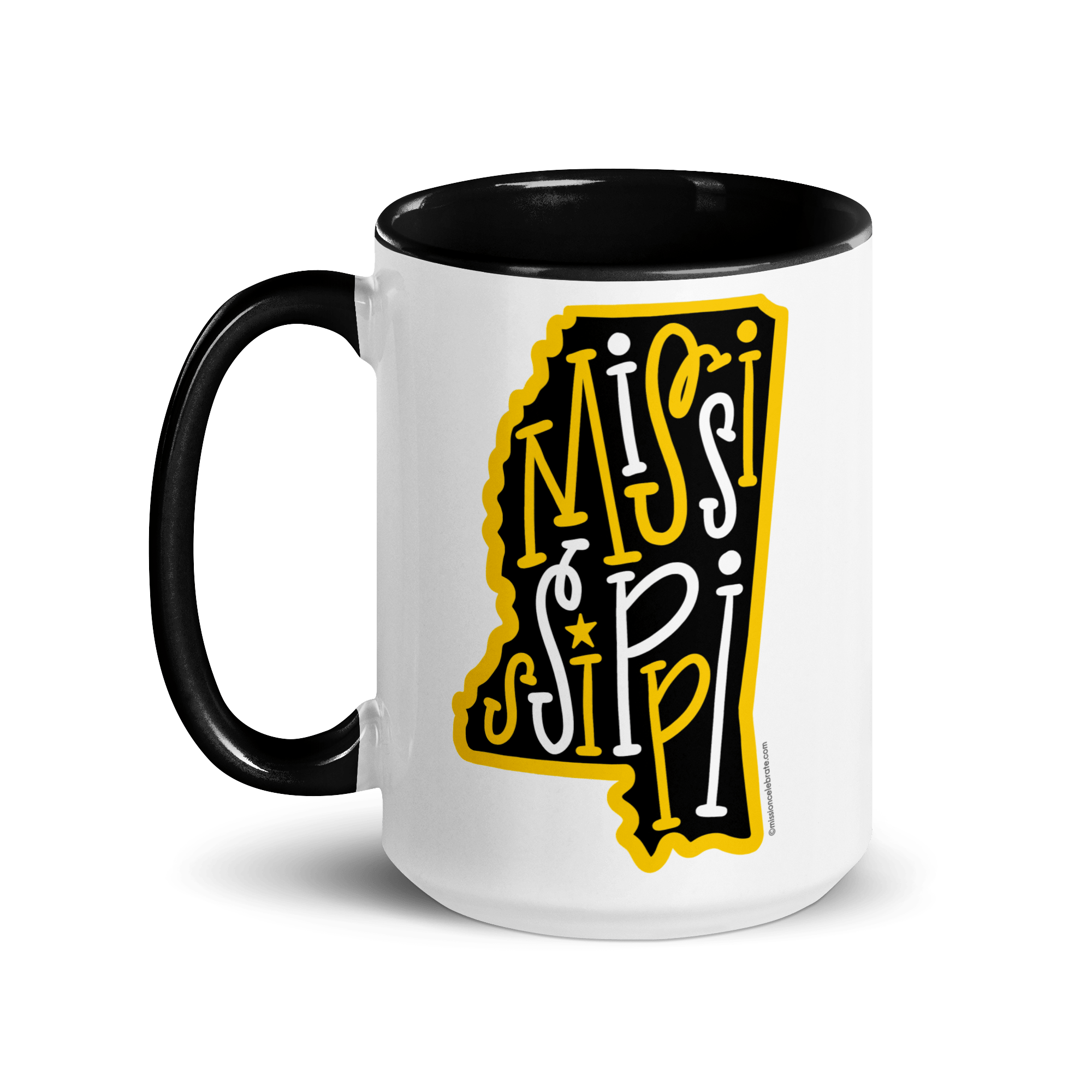 Mississippi Mug: Black Handle, White Ceramic with Bouncy Letter Design & Gold Trim - A Unique State Pride Gift