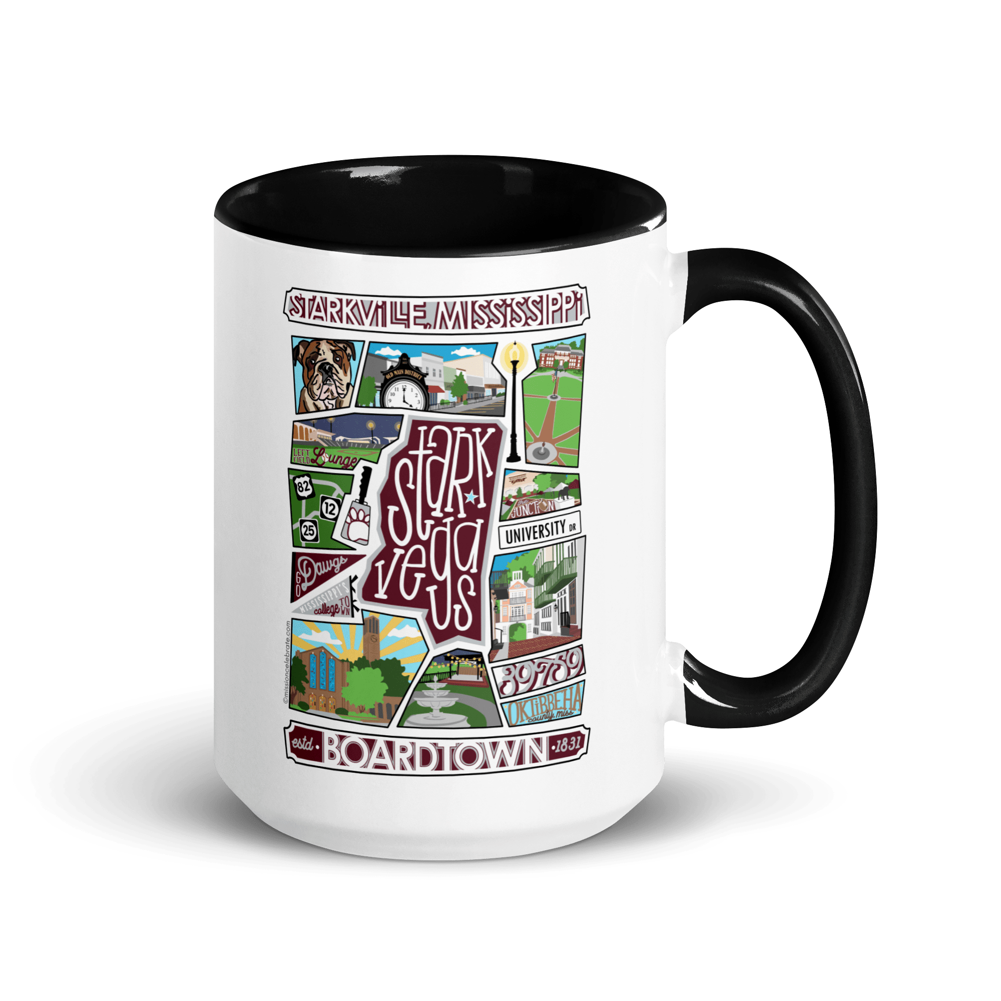 Starkville Mississippi Mug - Stark Vegas Collage Art by Leslie Gonce | Mississippi Landmarks - Ceramic Mug with Black Accents