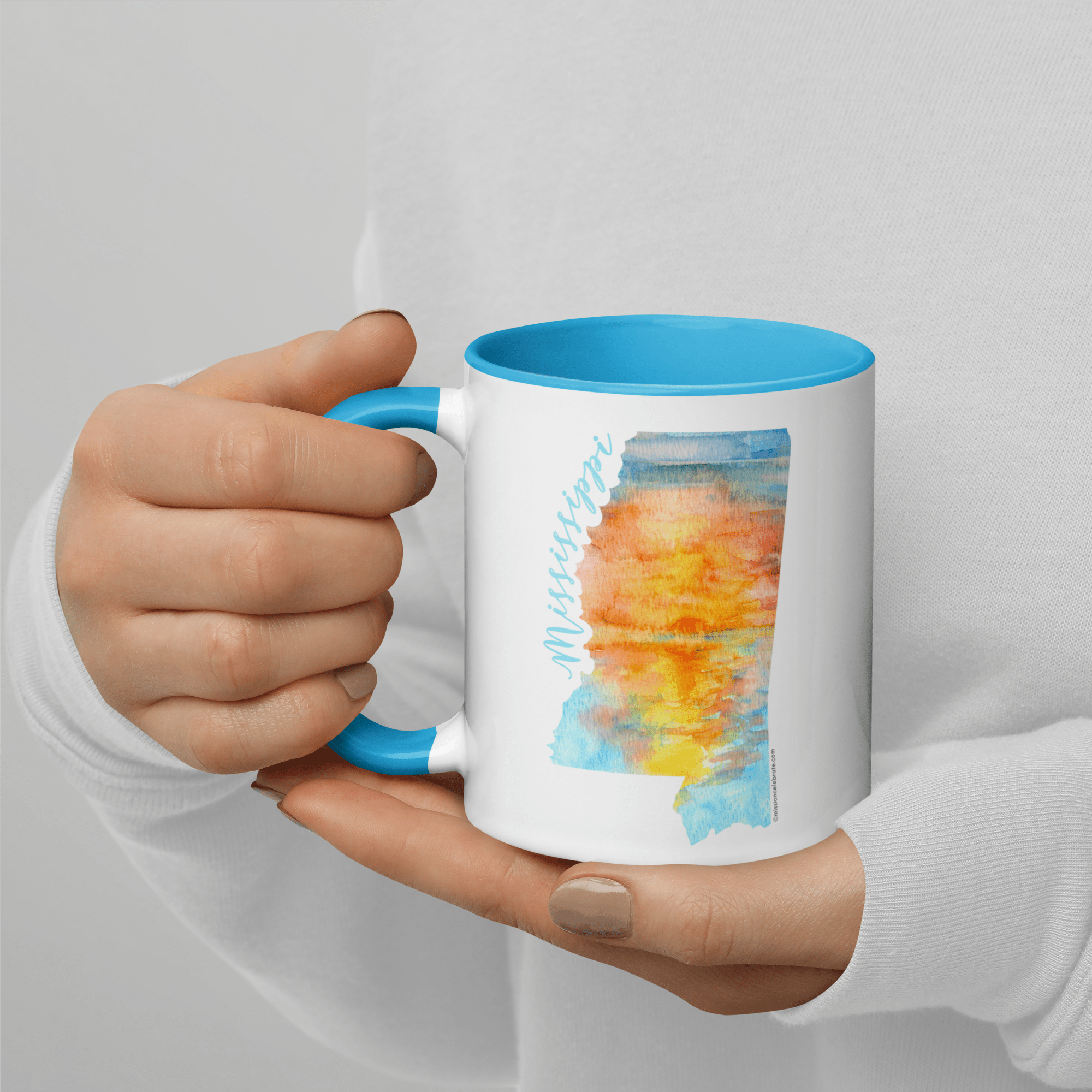 Mississippi Sunrise Mug by Leslie Gonce - Watercolor Art, Blue Handle Ceramic Coffee Cup