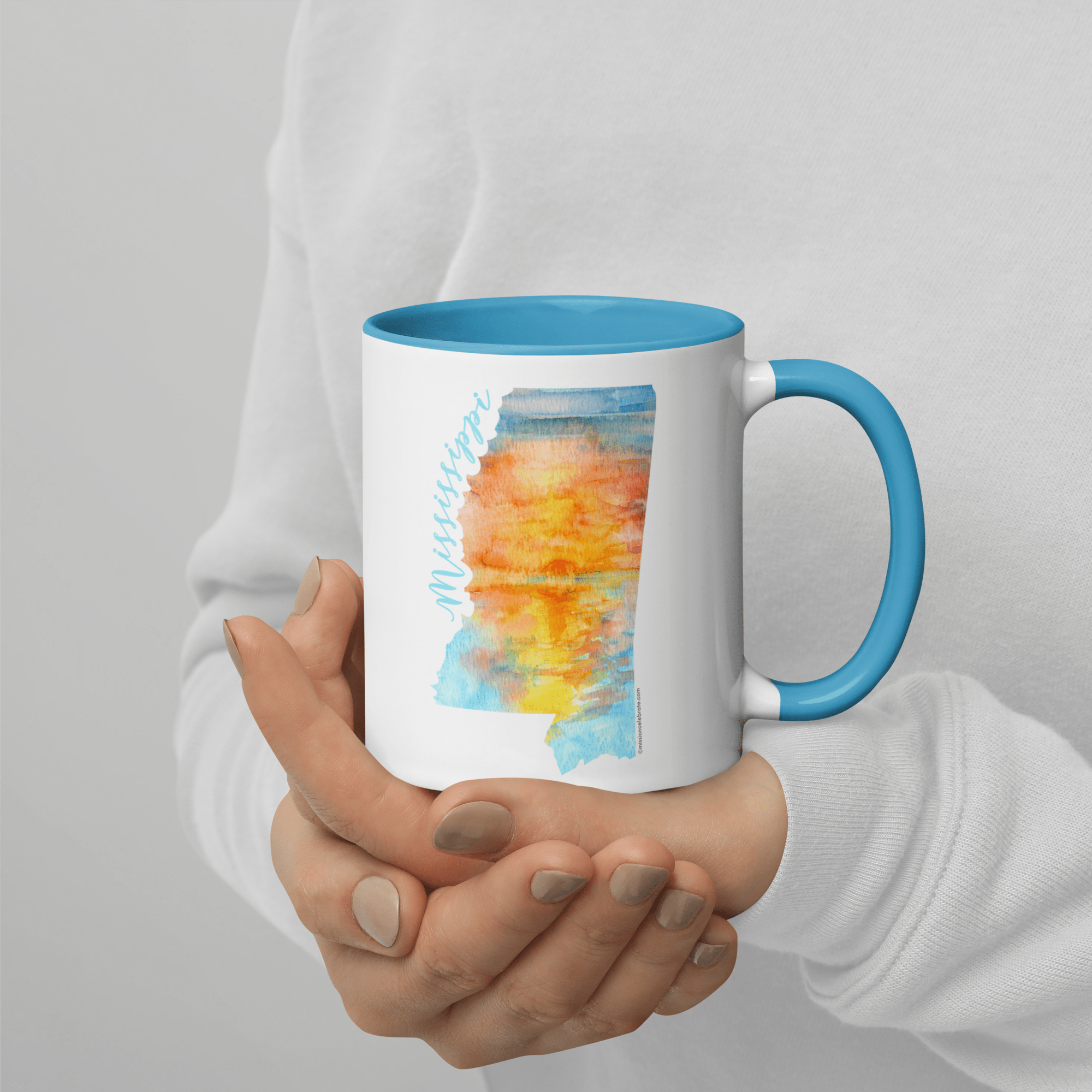 Mississippi Sunrise Art Mug by Leslie Gonce - Ceramic Coffee Cup with Blue Accents