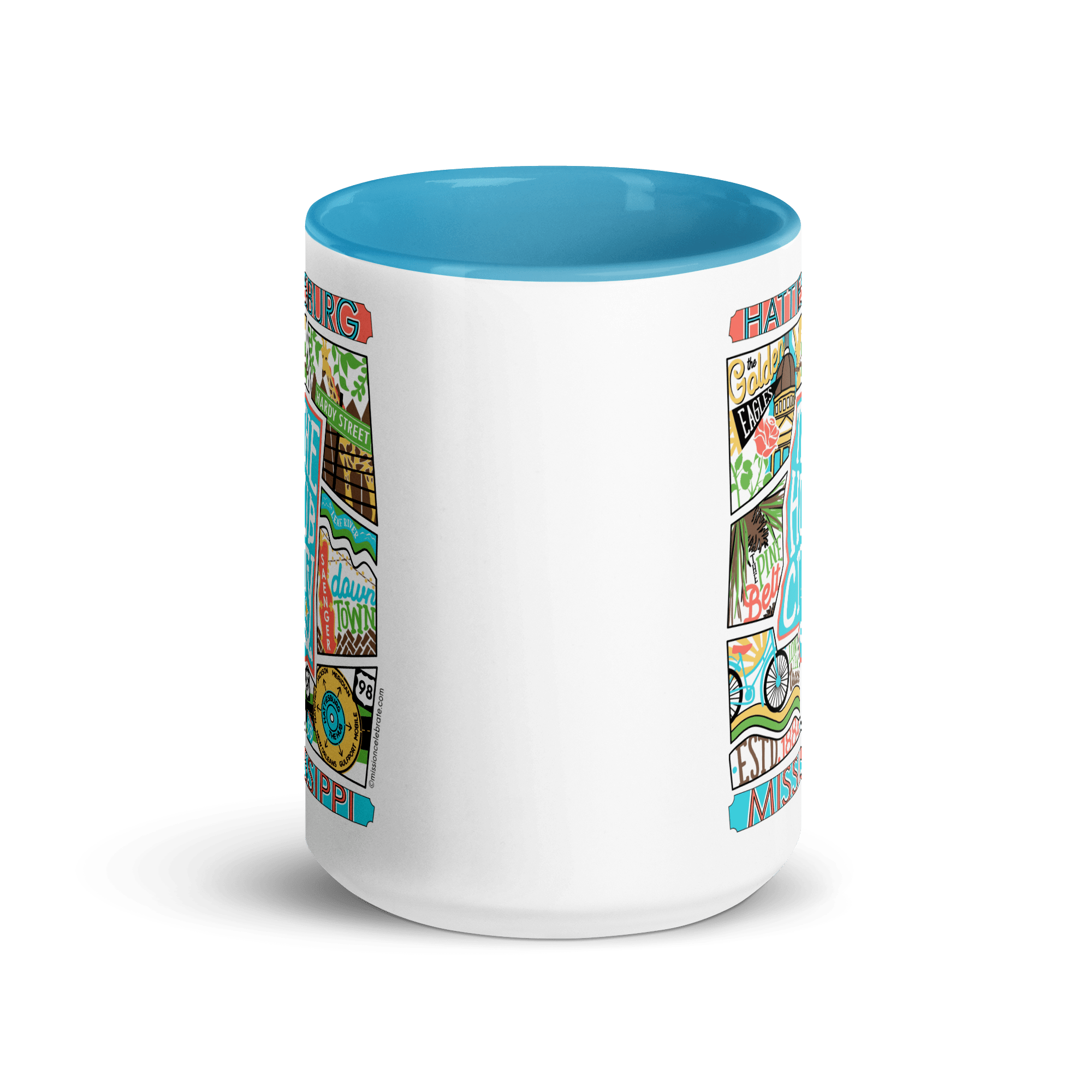 Hattiesburg Mississippi Mug: Leslie Gonce Collage Art, Hub City Souvenir from Main Street Collective. Ceramic, 15 oz, Dishwasher Safe.