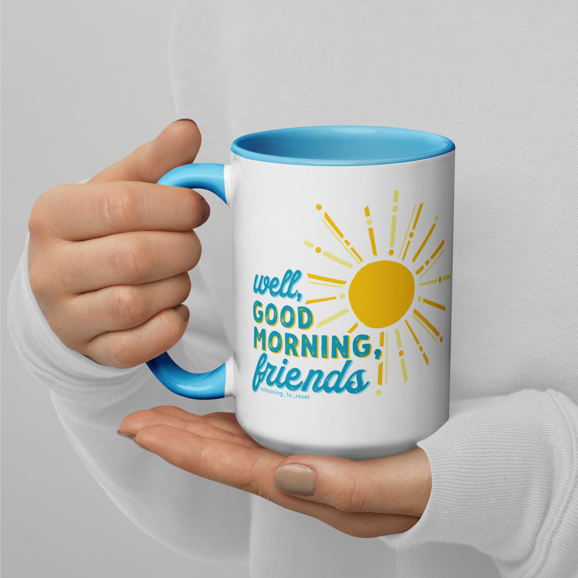 Choosing to Reset Well, Good Morning, Friends Art Ceramic Mug (15oz with blue accents – rim, inside, handle)