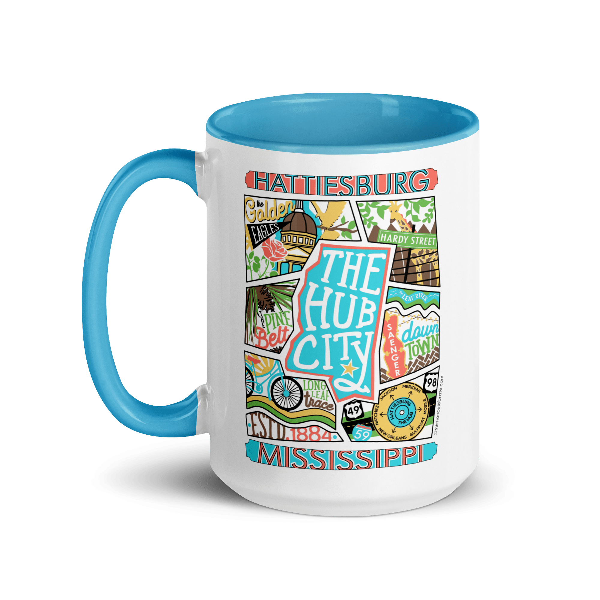 Hattiesburg Mississippi Mug: Collage Art by Leslie Gonce, Hub City Souvenir