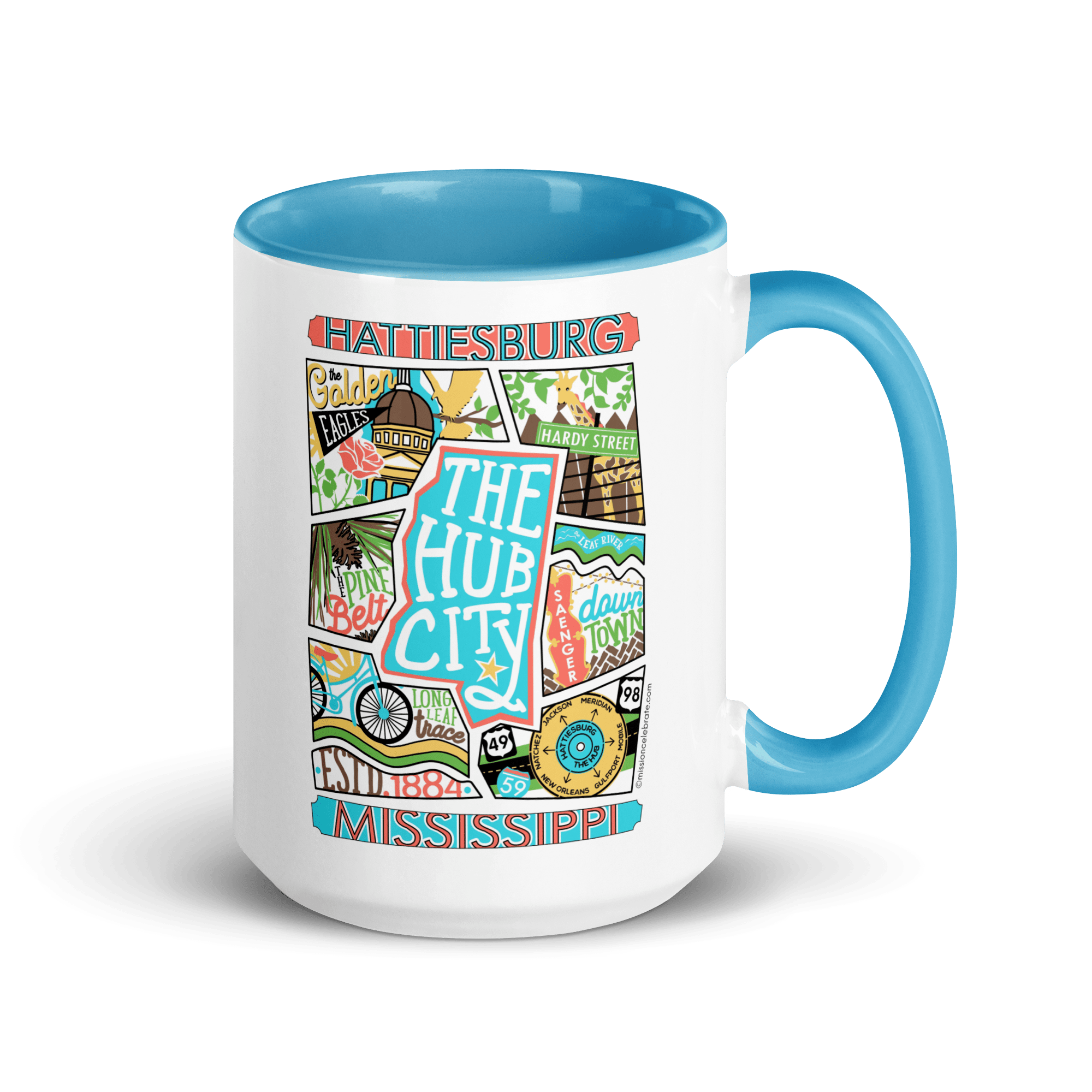 Hattiesburg Mississippi Mug: City Collage Art by Leslie Gonce (Main Street Collective). Ceramic, colorful, 15oz.
