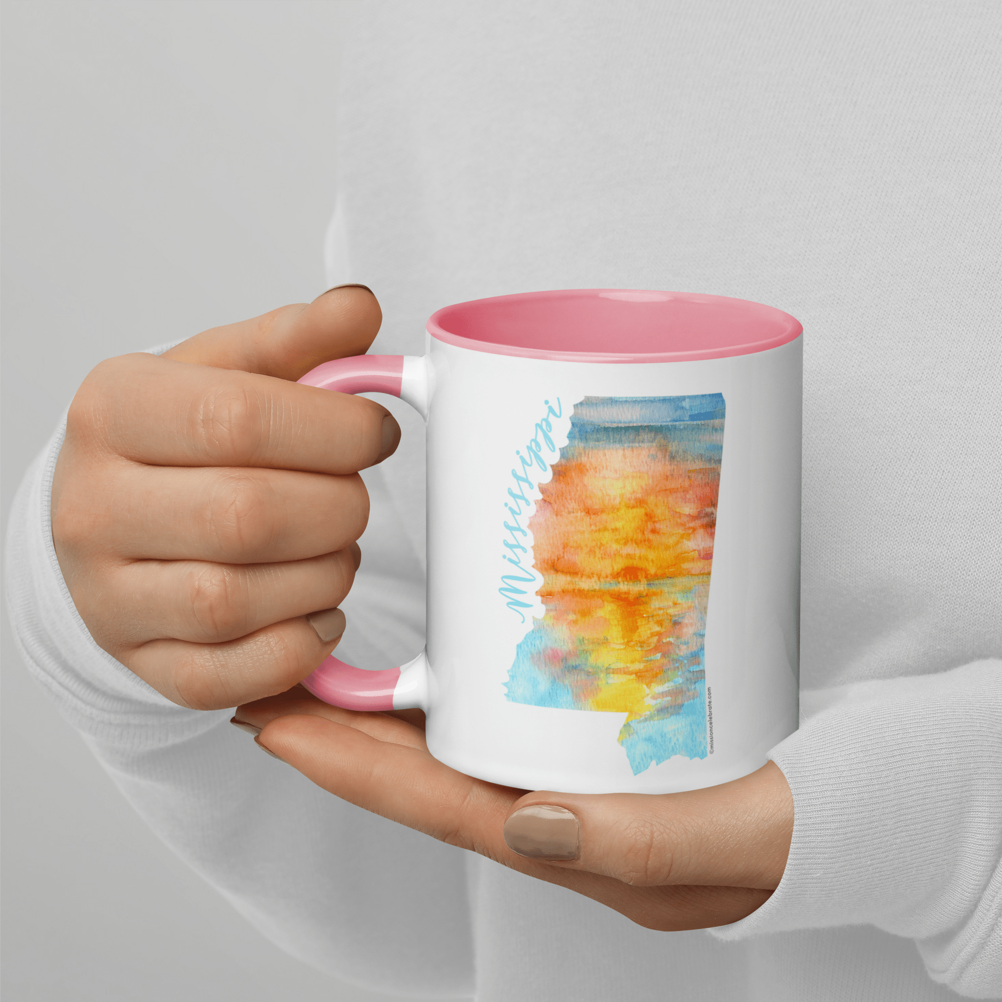 Mississippi Mug Watercolor Sunrise Art by Leslie Gonce, Pink Handle, Main Street Collective