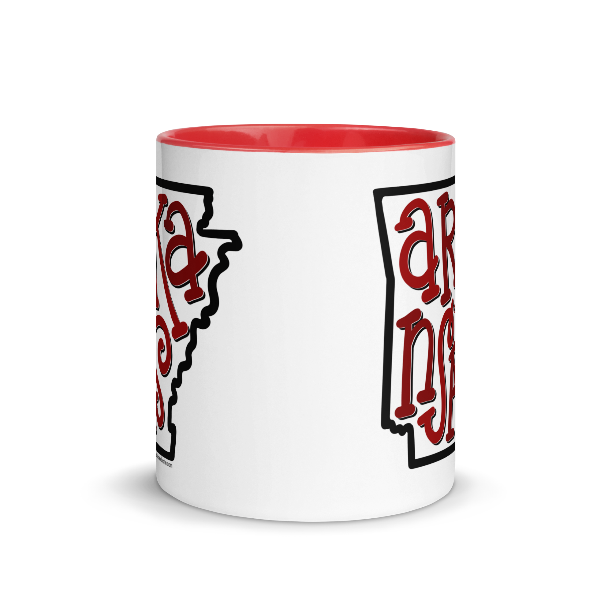 Arkansas Bouncy Letters Handdrawn Art by Southern Artist Leslie Gonce Ceramic Mug (11 oz or 15oz with red accents – rim, inside, handle)