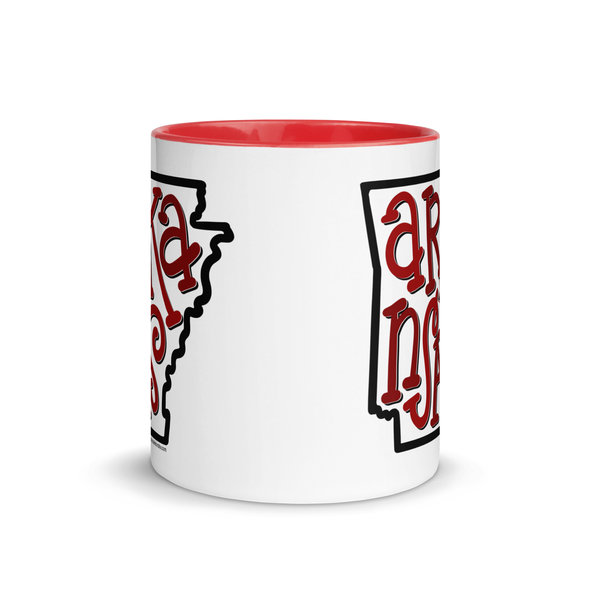 Arkansas Bouncy Letters Handdrawn Art by Southern Artist Leslie Gonce Ceramic Mug (11 oz or 15oz with red accents – rim, inside, handle)