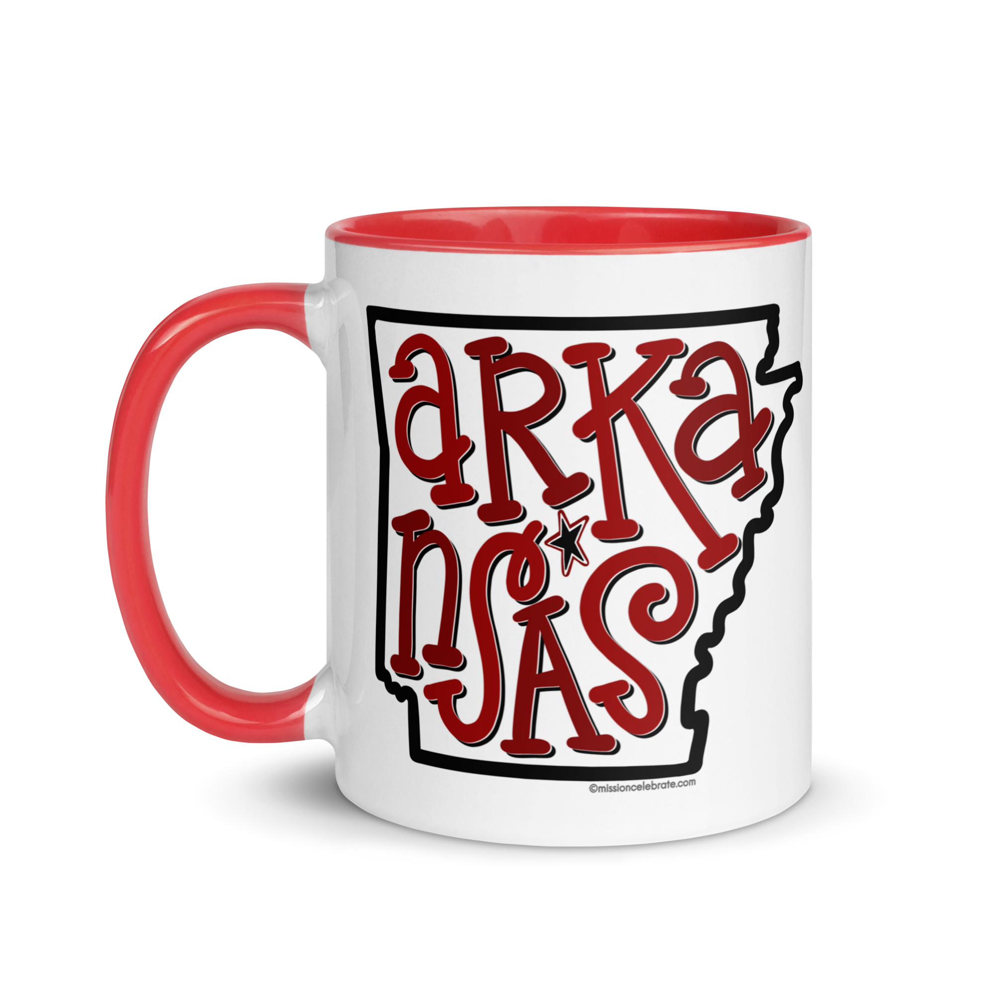 Arkansas Bouncy Letters Handdrawn Art by Southern Artist Leslie Gonce Ceramic Mug (11 oz or 15oz with red accents – rim, inside, handle)