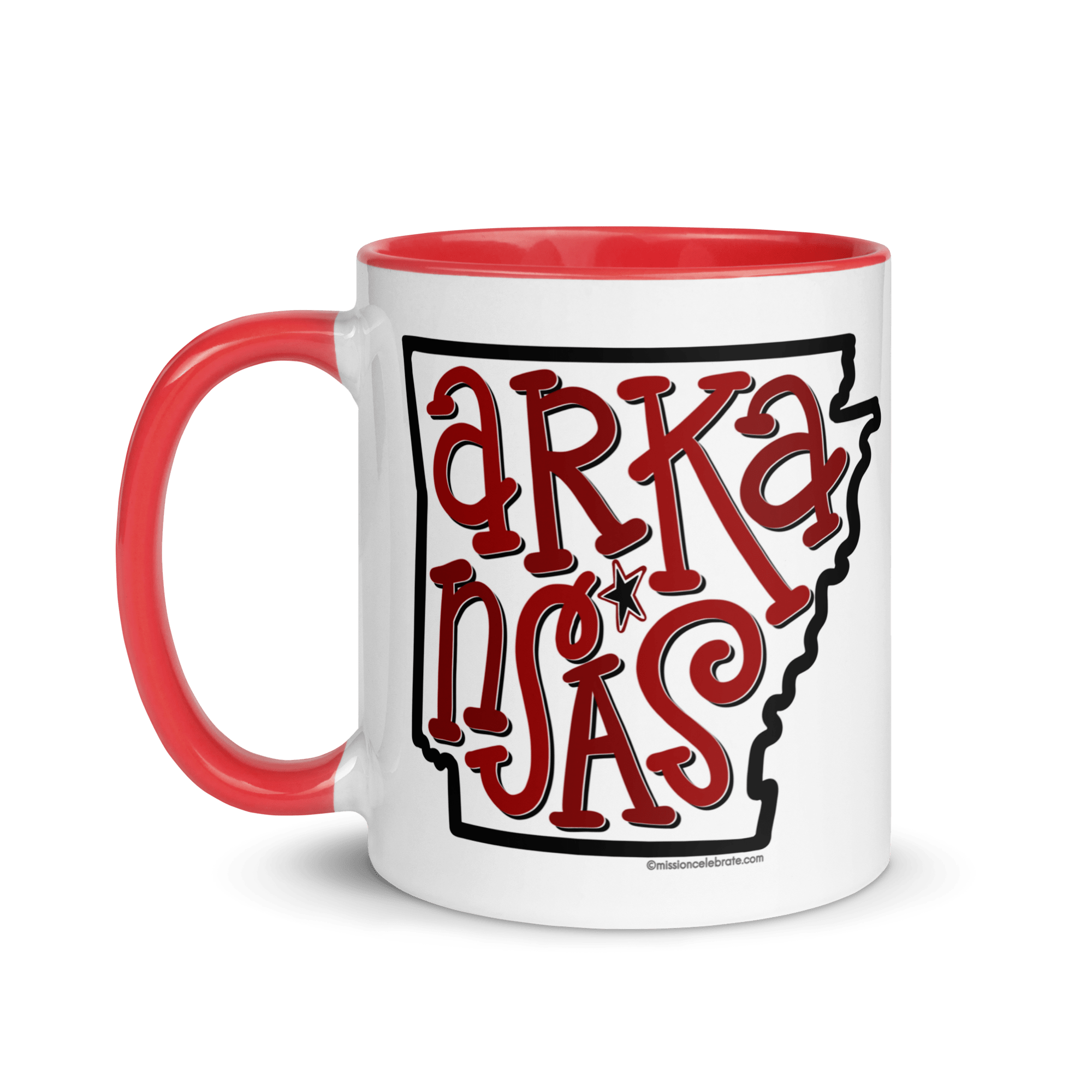Arkansas Bouncy Letters Handdrawn Art by Southern Artist Leslie Gonce Ceramic Mug (11 oz or 15oz with red accents – rim, inside, handle)