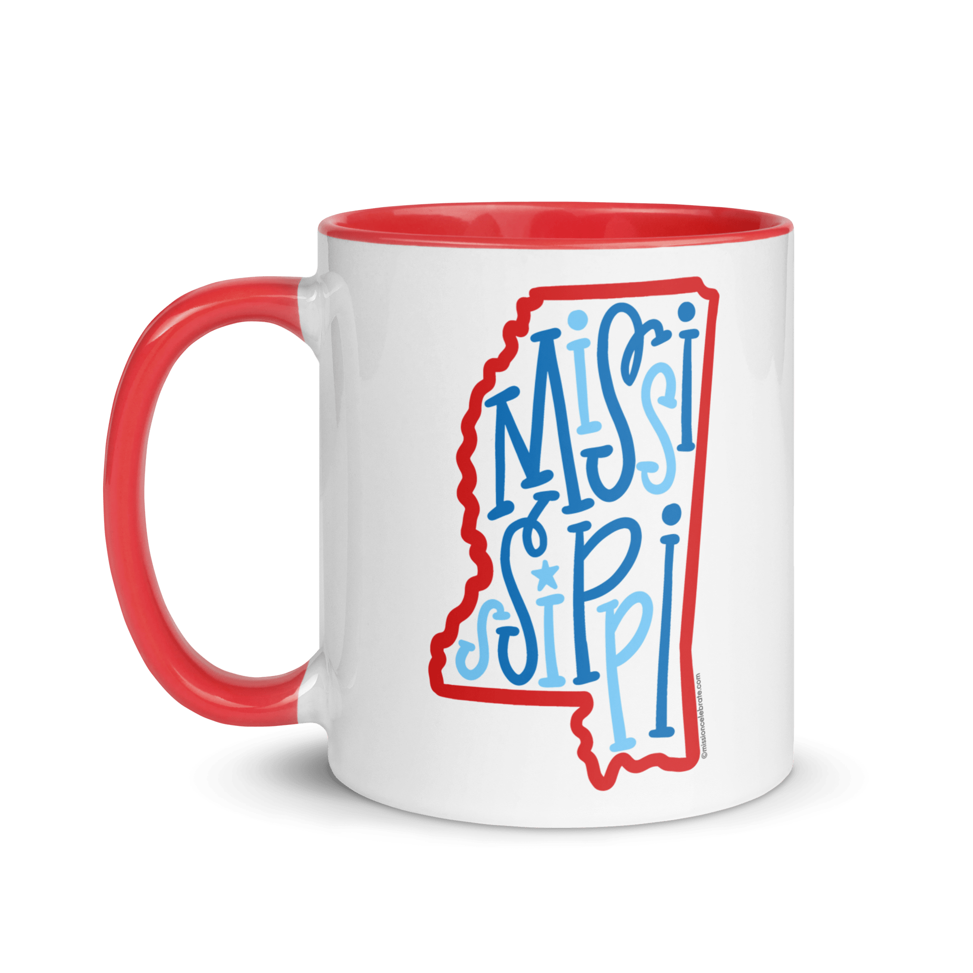 Mississippi Mug: Red & Blue Bouncy Letter Art. Ceramic coffee cup with state outline and hand-drawn lettering. Gift idea!
