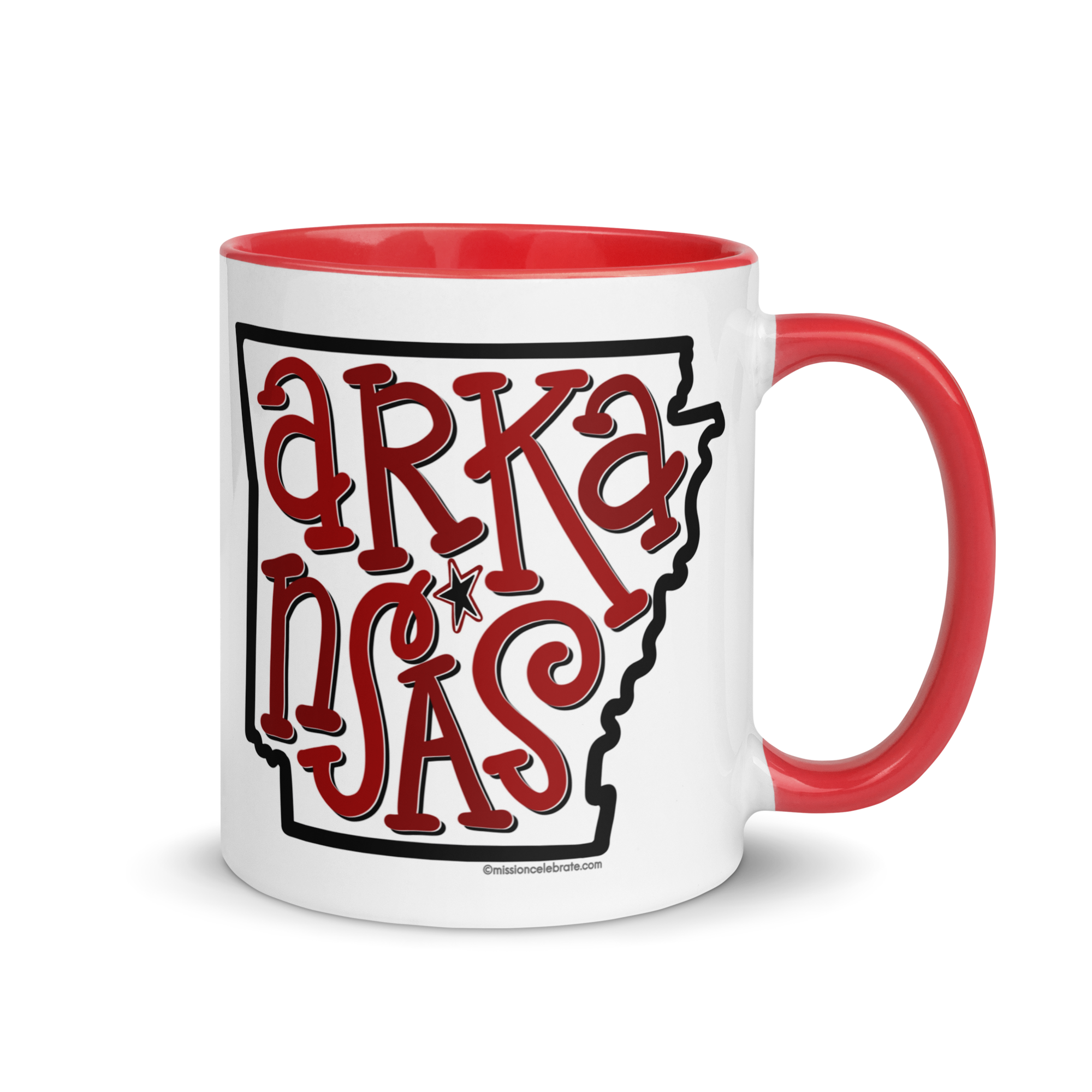 Arkansas Bouncy Letters Handdrawn Art by Southern Artist Leslie Gonce Ceramic Mug (11 oz or 15oz with red accents – rim, inside, handle)