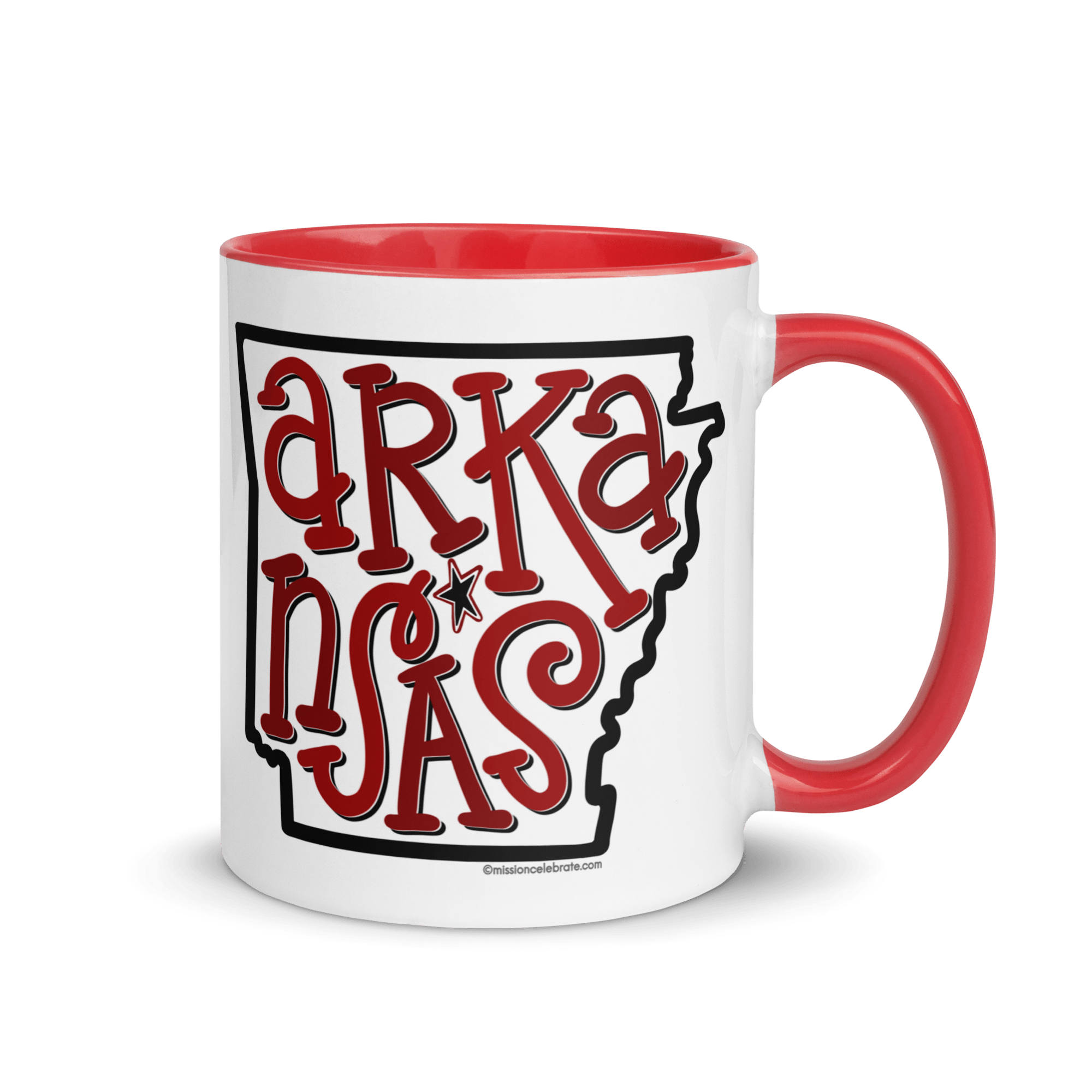 Arkansas Bouncy Letters Handdrawn Art by Southern Artist Leslie Gonce Ceramic Mug (11 oz or 15oz with red accents – rim, inside, handle)