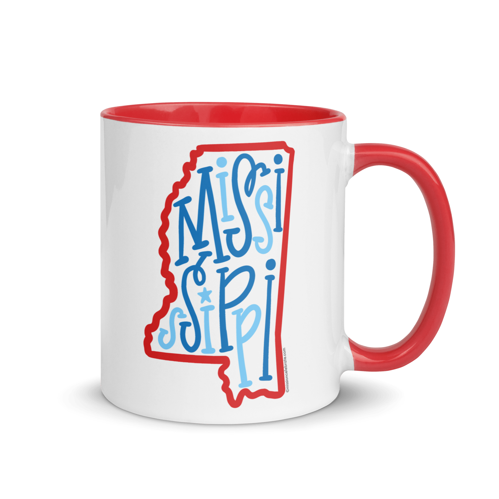 Mississippi Mug: Red & Blue State Outline with Fun Bouncy Letters Design - Coffee or Tea Cup