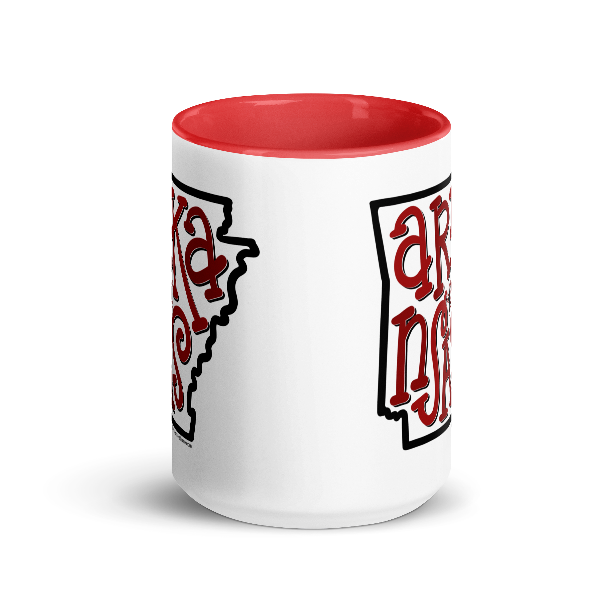 Arkansas Bouncy Letters Handdrawn Art by Southern Artist Leslie Gonce Ceramic Mug (11 oz or 15oz with red accents – rim, inside, handle)
