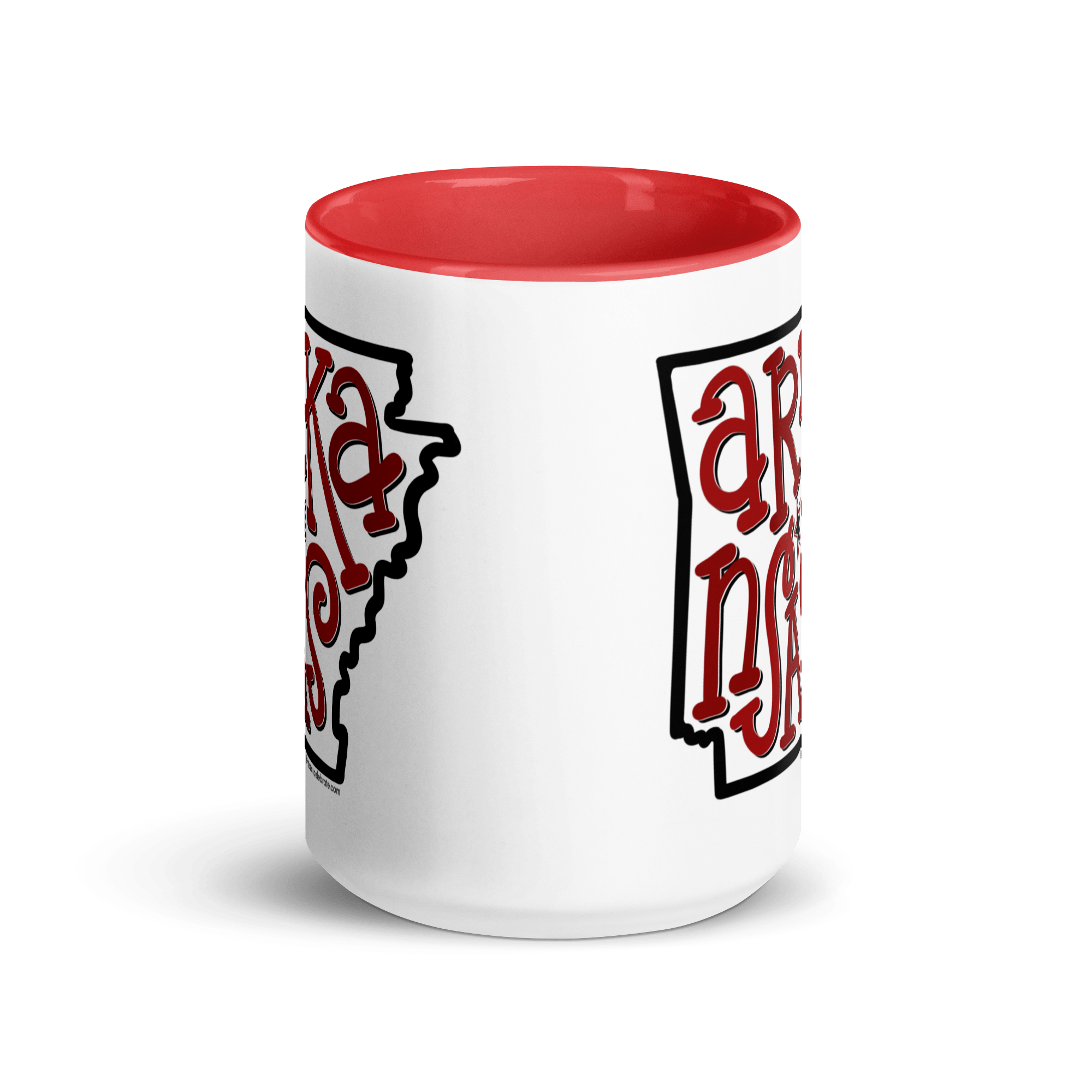 Arkansas Bouncy Letters Handdrawn Art by Southern Artist Leslie Gonce Ceramic Mug (11 oz or 15oz with red accents – rim, inside, handle)