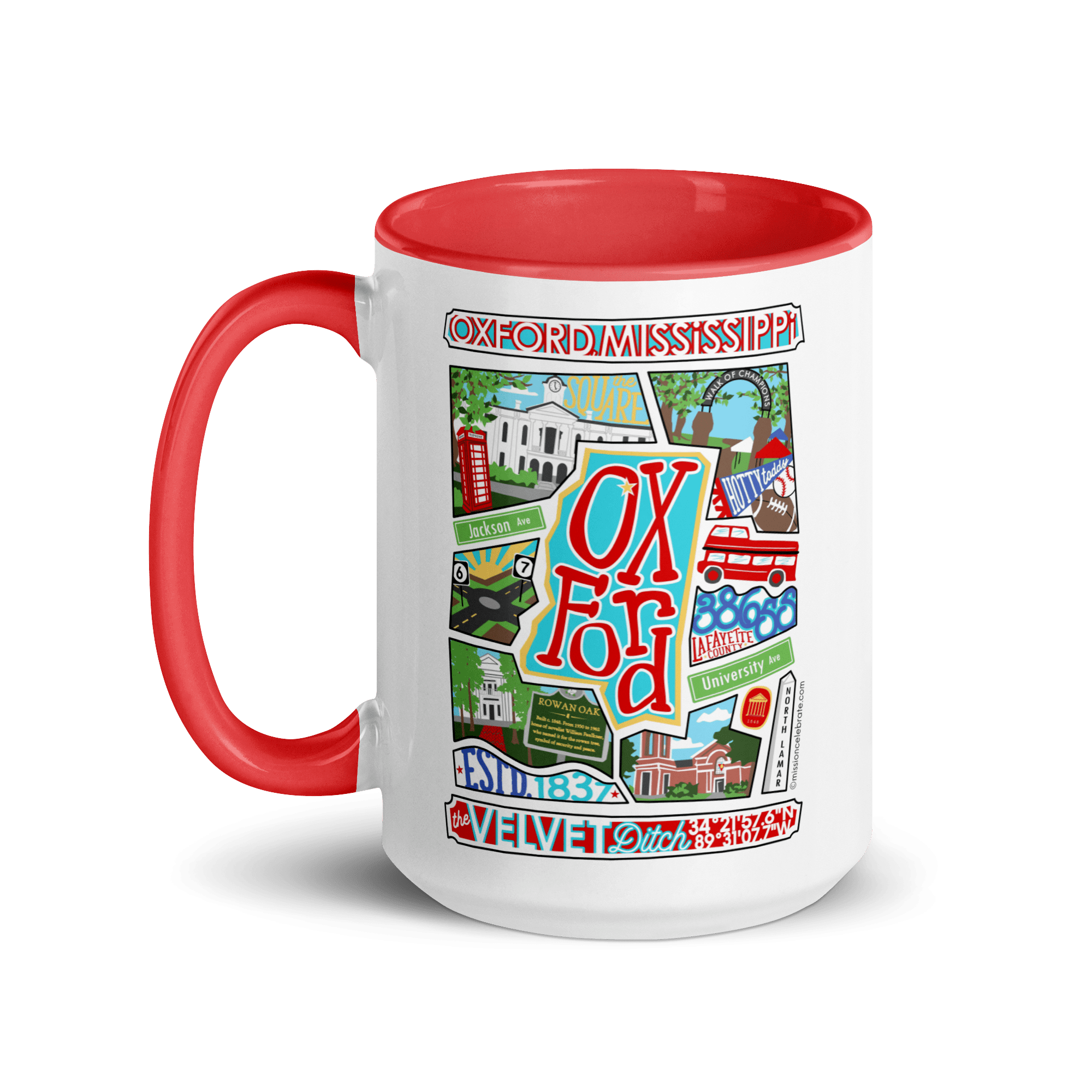 Oxford Mississippi Mug: Leslie Gonce Art, Red Accents, Velvet Ditch Souvenir Gift. 