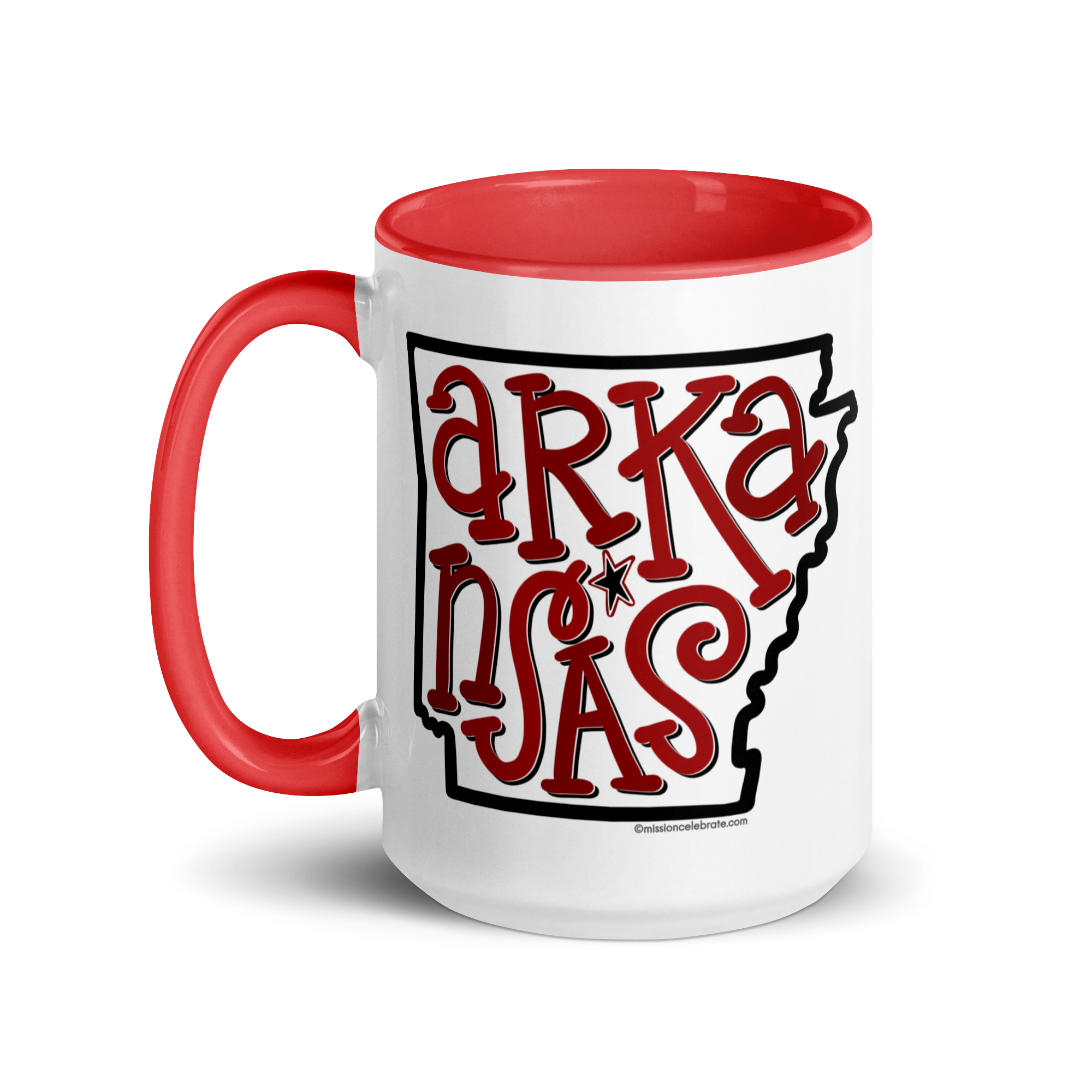 Arkansas Bouncy Letters Handdrawn Art by Southern Artist Leslie Gonce Ceramic Mug (11 oz or 15oz with red accents – rim, inside, handle)